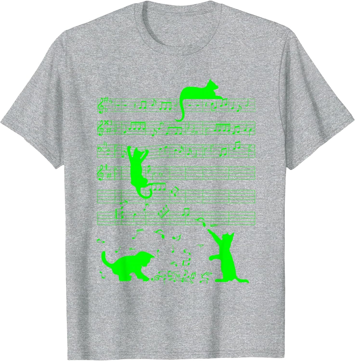 Cute Cats Green Musical Notes Musician Art T-Shirt - Heather Grey