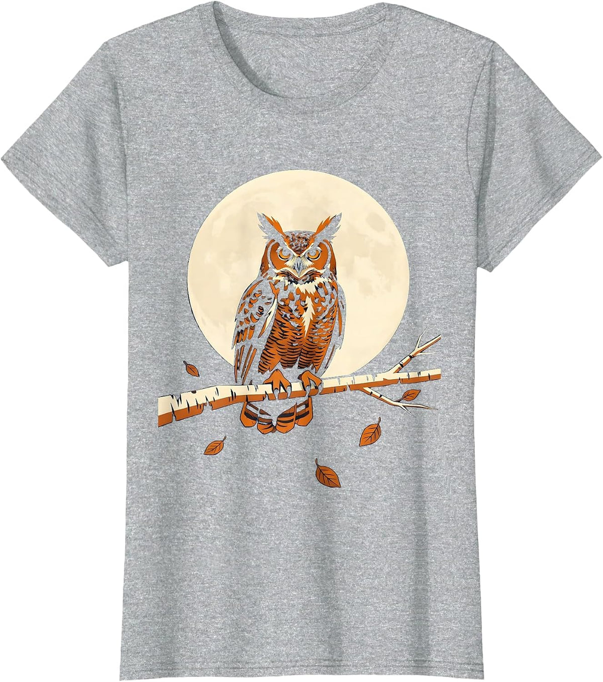 Women's Owl on Birch Branch Autumn Night Illustration T-Shirt - Heather Grey