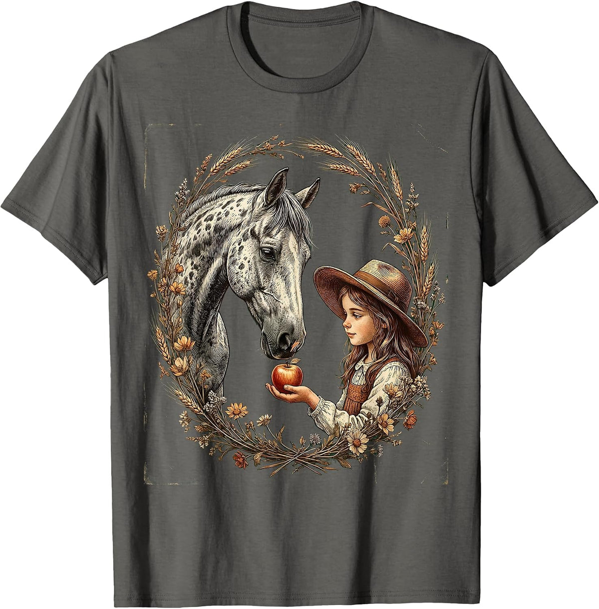 Girl Feeding Apple to Dappled Horse Illustration T-Shirt - Asphalt Grey