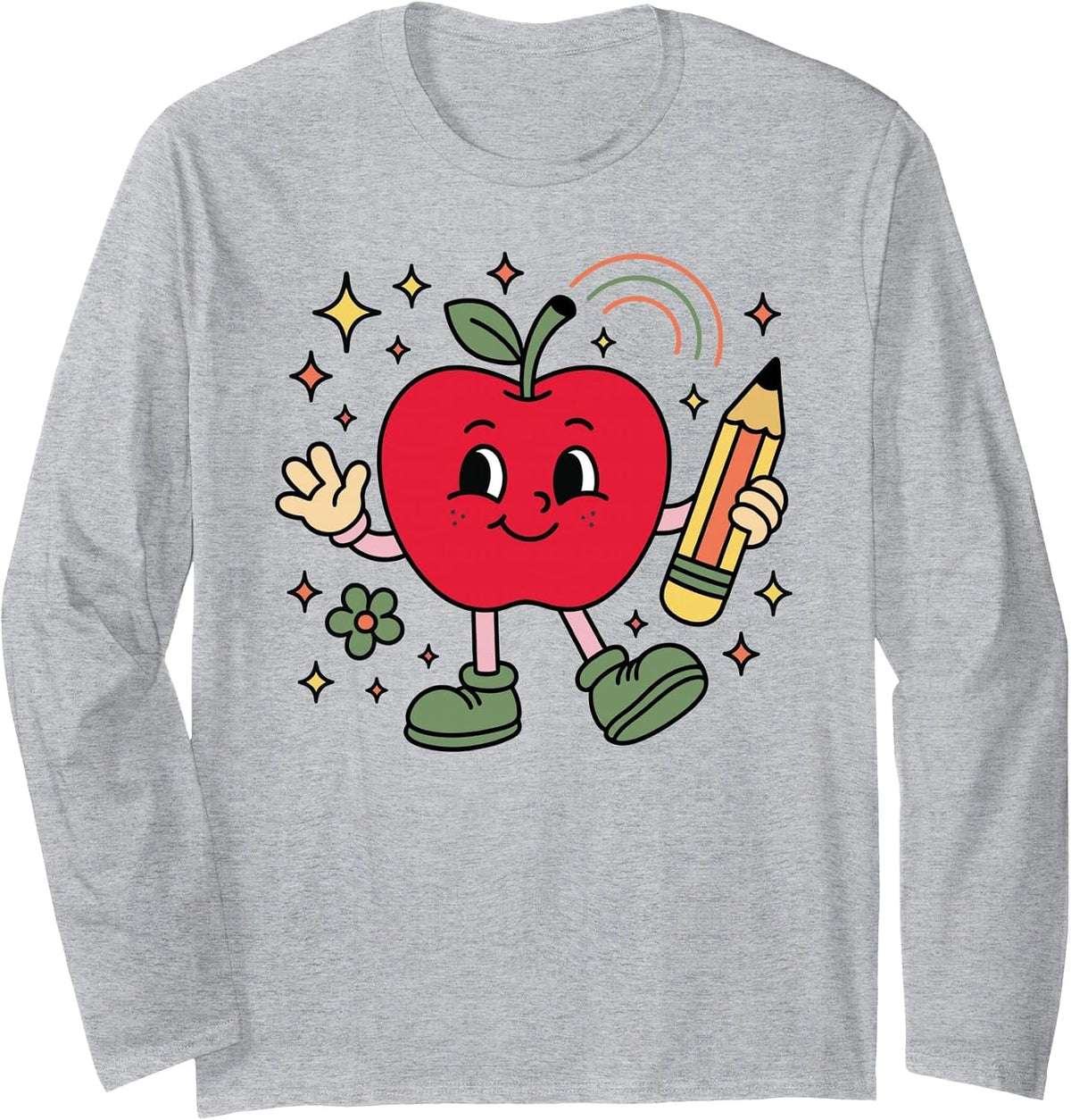 Retro School Apple with Face and Teacher’s Pencil Long Sleeve T-Shirt - Adult Unisex Heather Grey