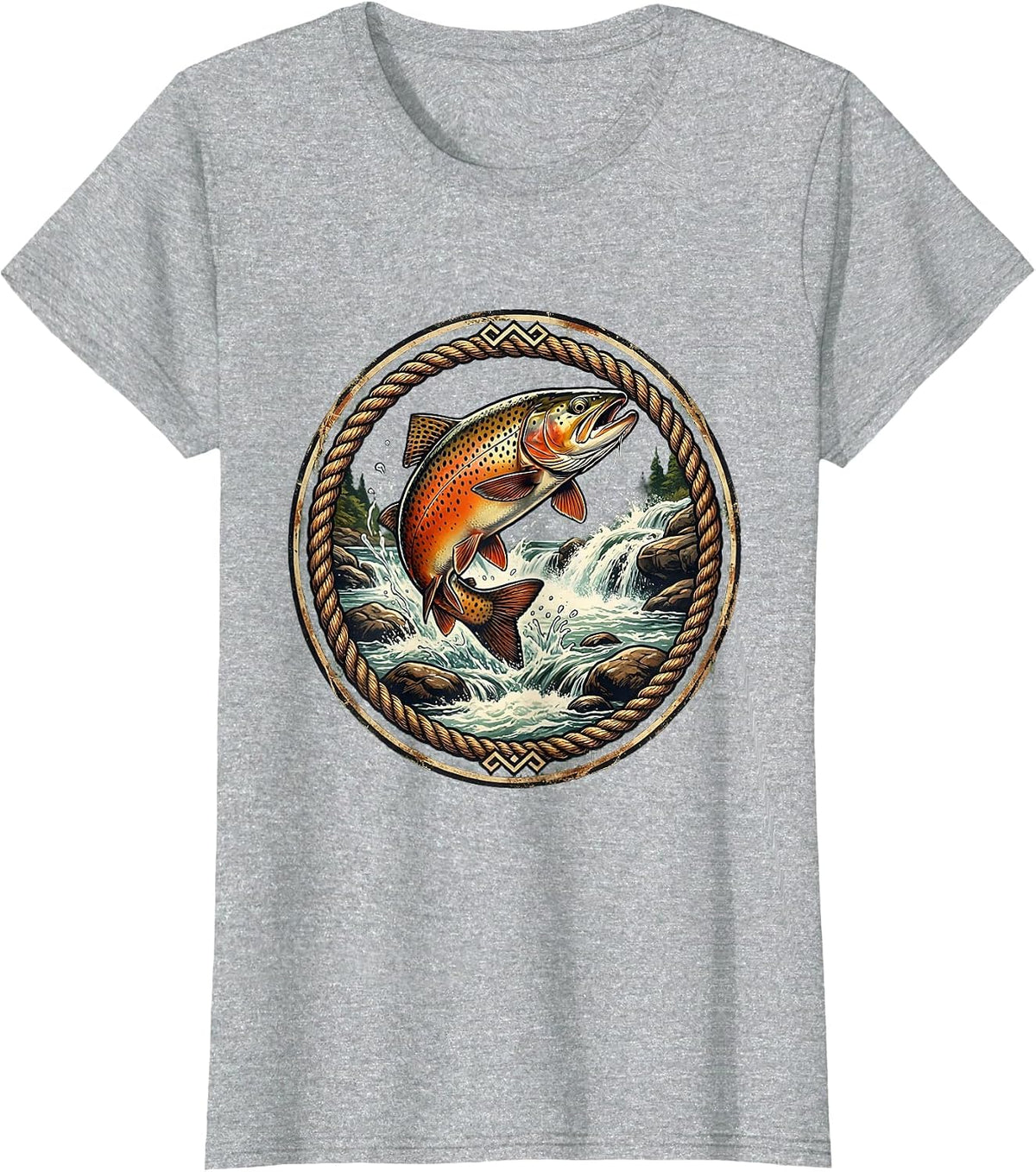 Trout Upstream Wild River Rapids Fishing Design T-Shirt - Heather Grey