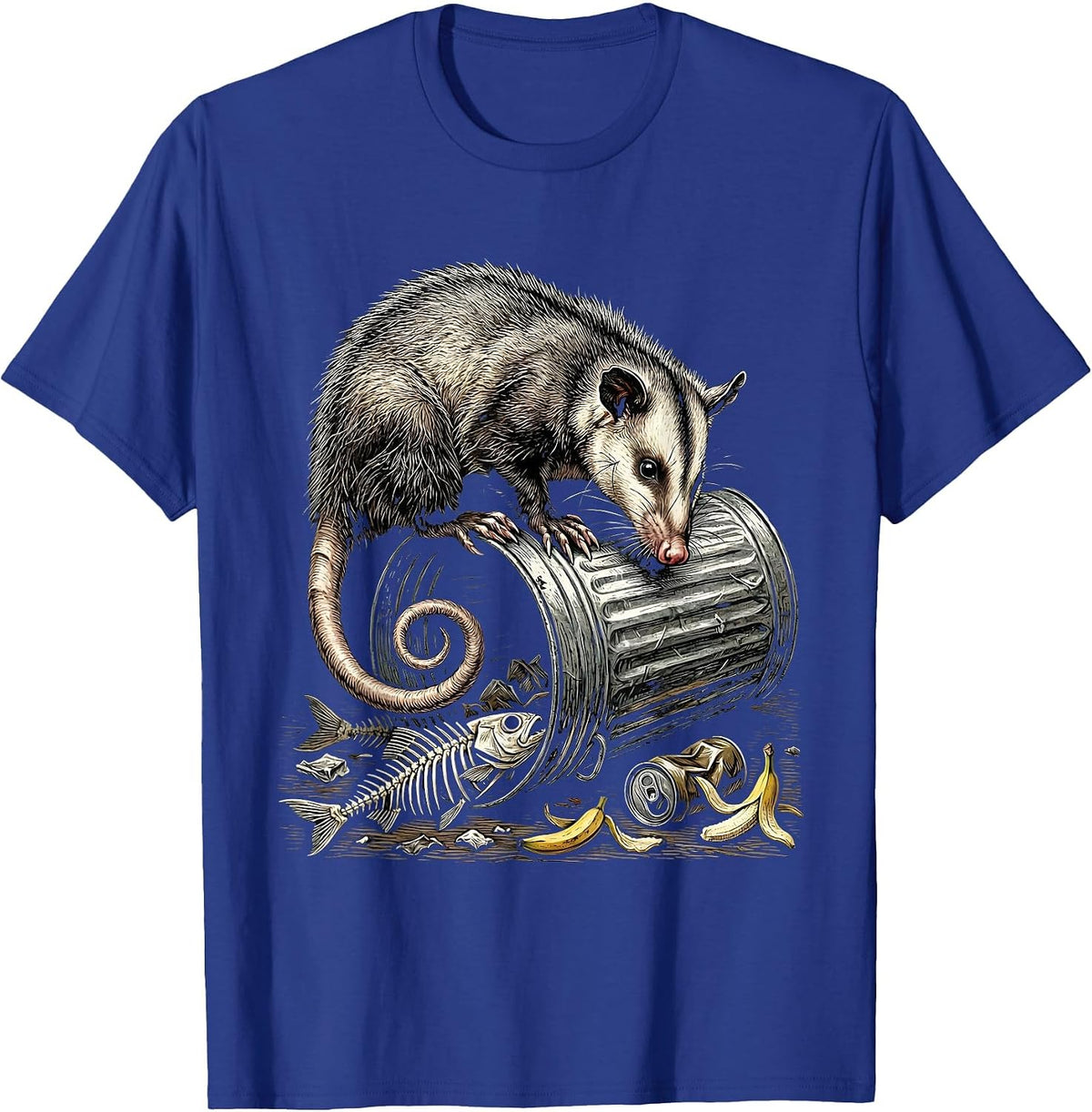 Opossum Trash Can Rummaging Funny Wildlife Art T-Shirt - Royal Blue