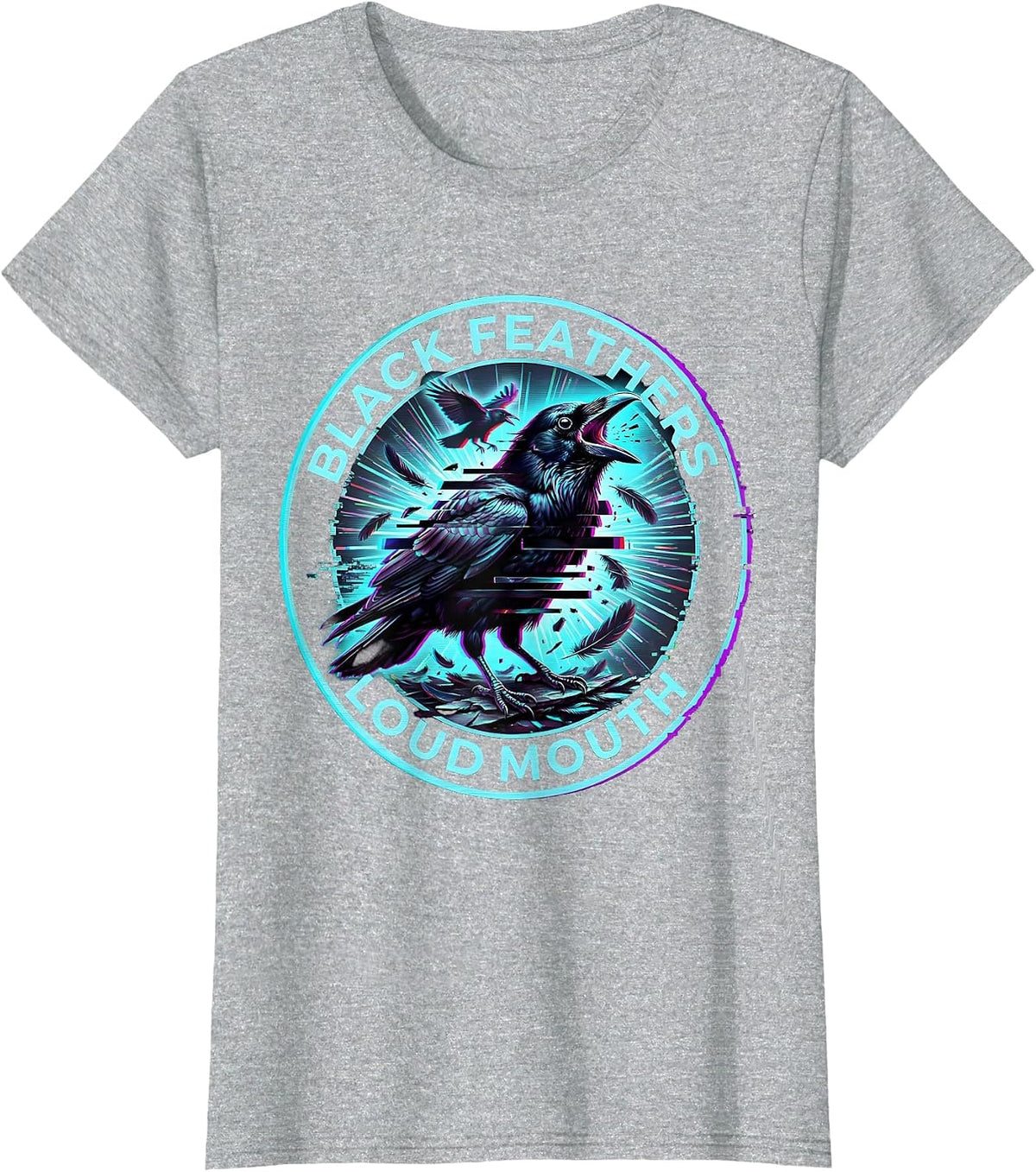 Women's Black Feathers Loud Mouth Bold Bird Design T-Shirt - Heather Grey