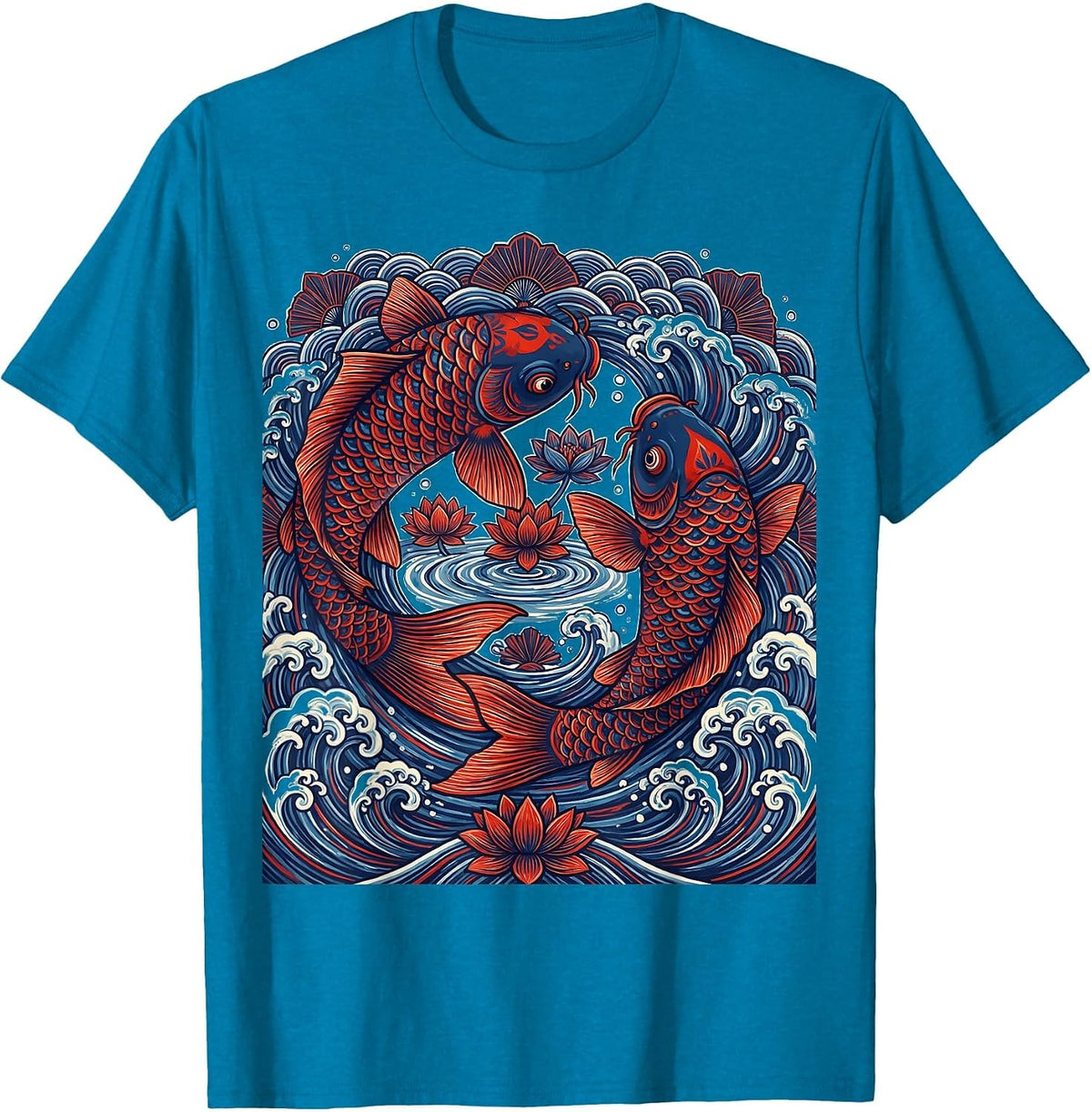 Koi Fish Japanese Wave Tattoo Art Design T-Shirt - Sapphire Blue