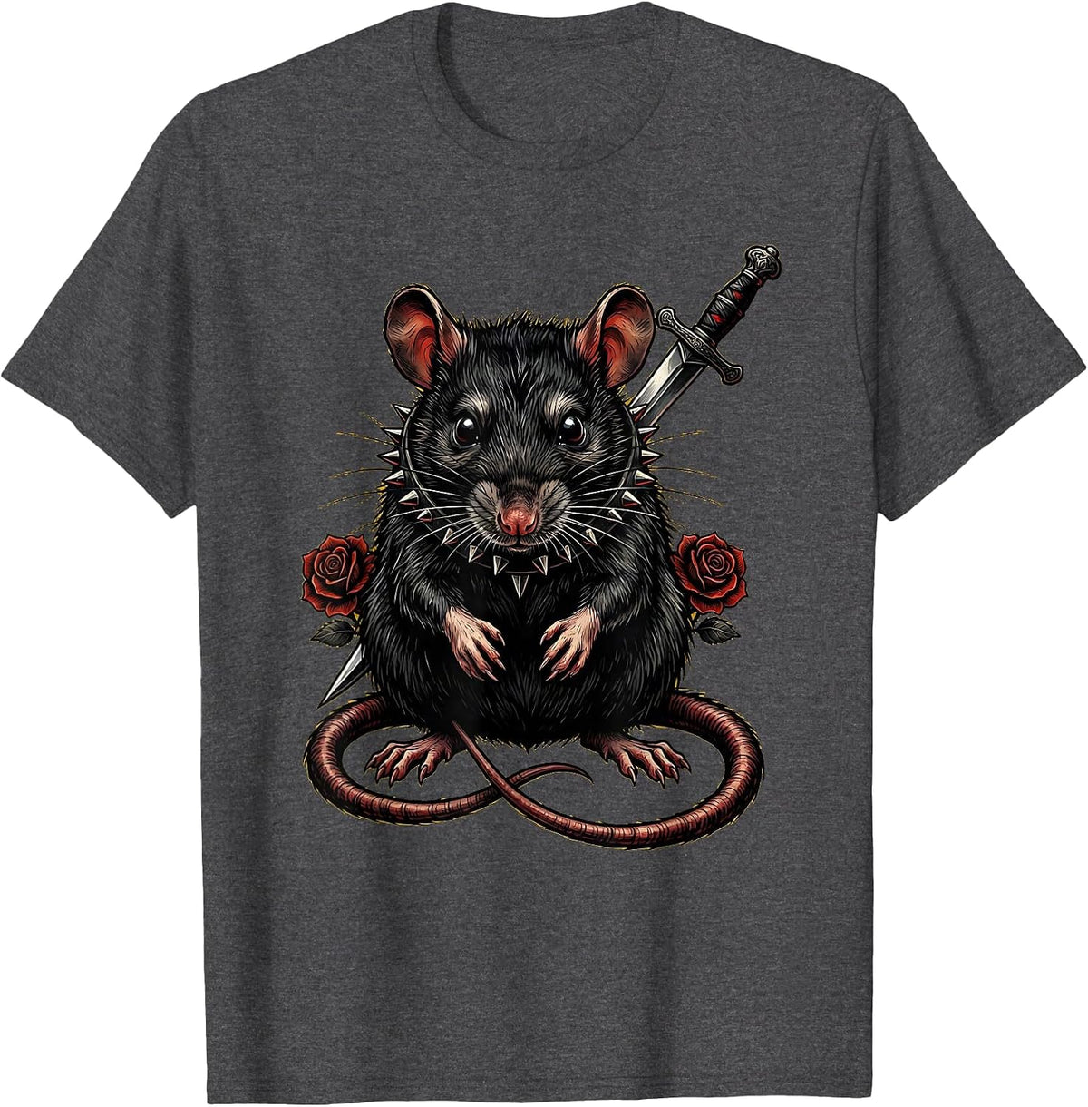 Punk Rat Studded Collar Graphic Design T-Shirt - Dark Heather Grey