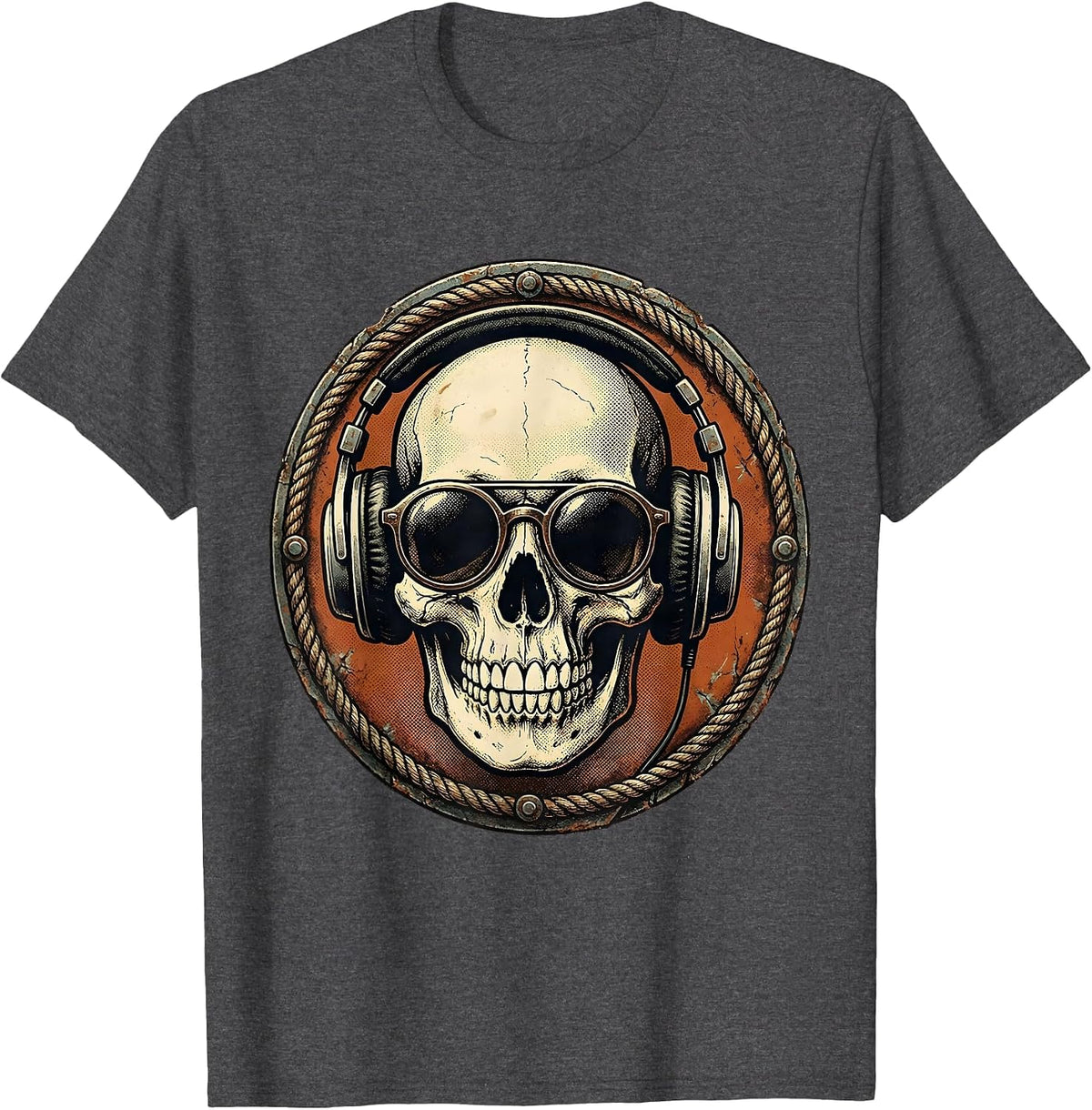 Cool Skull Oversized Sunglasses Headphones Graphic T-Shirt - Dark Heather Grey