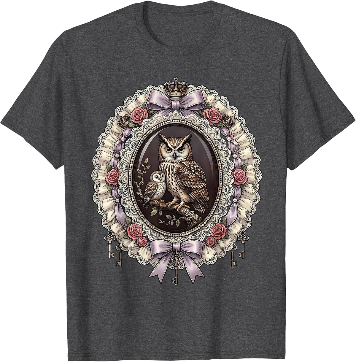 Big Little Owl and Owlet Graphic Design T-Shirt - Dark Heather Grey