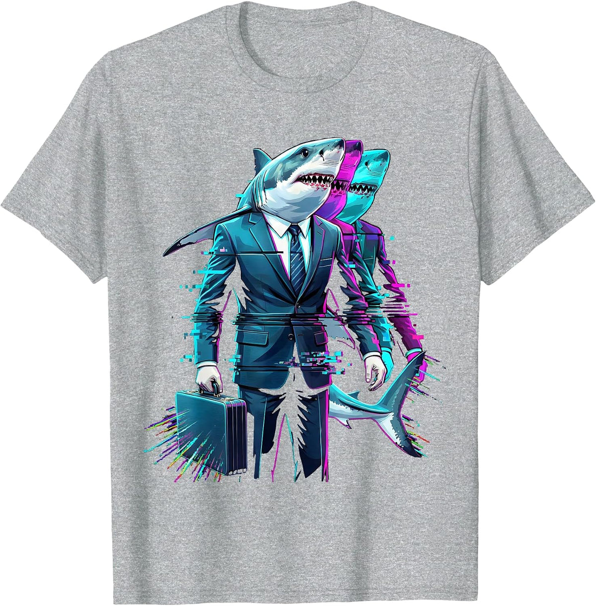 Men's Shark in Business Suit Briefcase Funny Office Art T-Shirt - Heather Grey