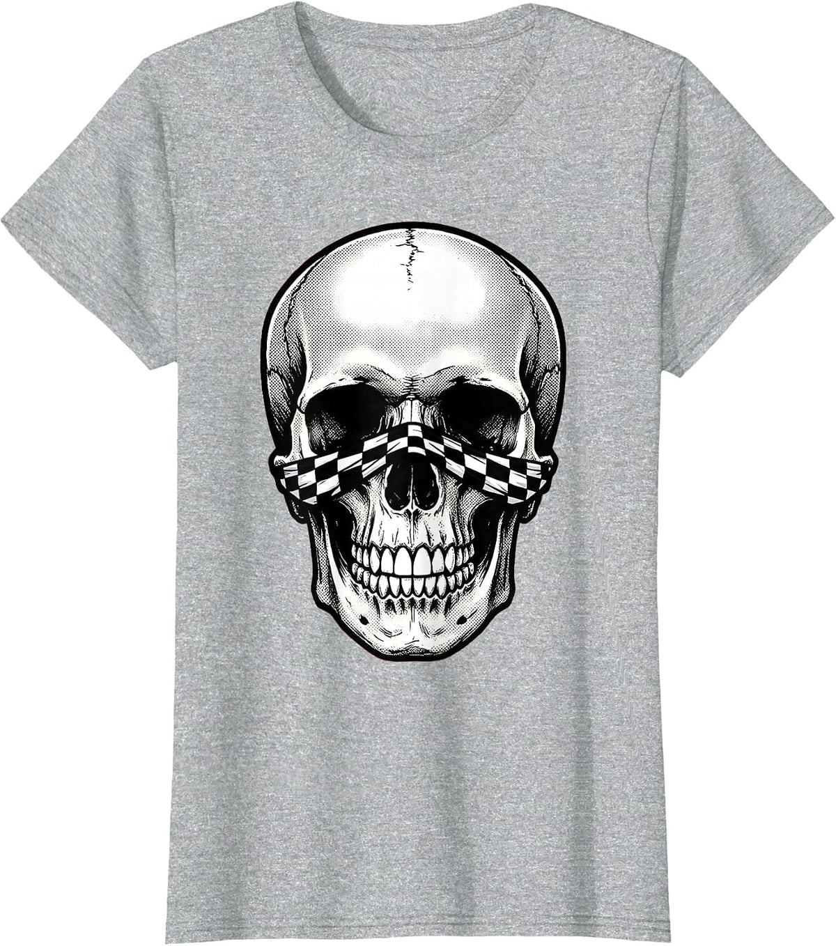 Women's Skull Checkered Bandana Graphic Design T-Shirt - Heather Grey