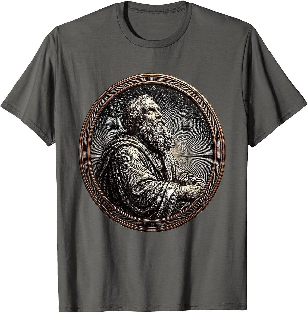 Renaissance Philosopher Starry Night Illustration T-Shirt - Asphalt Grey