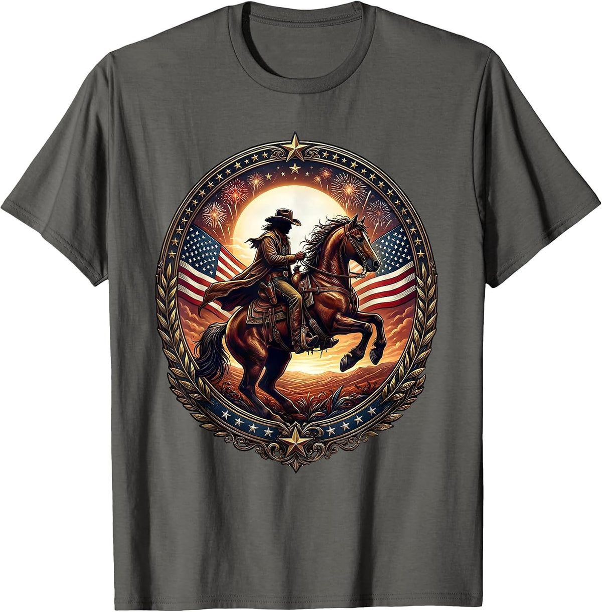 Lone Rider On Horseback At Dusk Freedom Design T-Shirt - Asphalt Grey