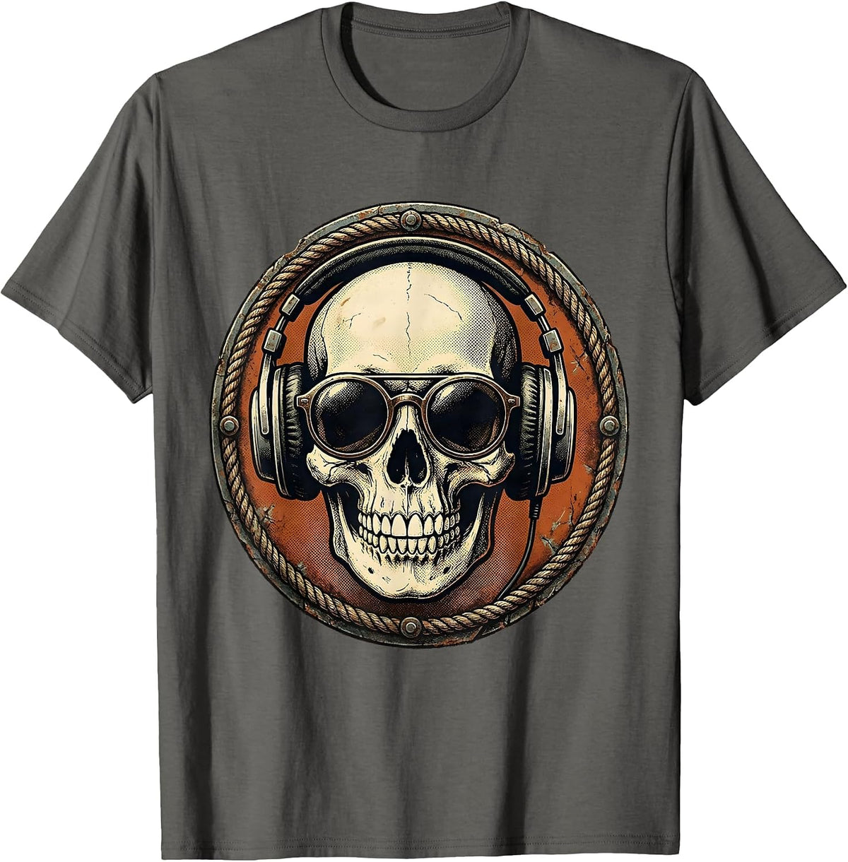 Cool Skull Oversized Sunglasses Headphones Graphic T-Shirt - Asphalt Grey