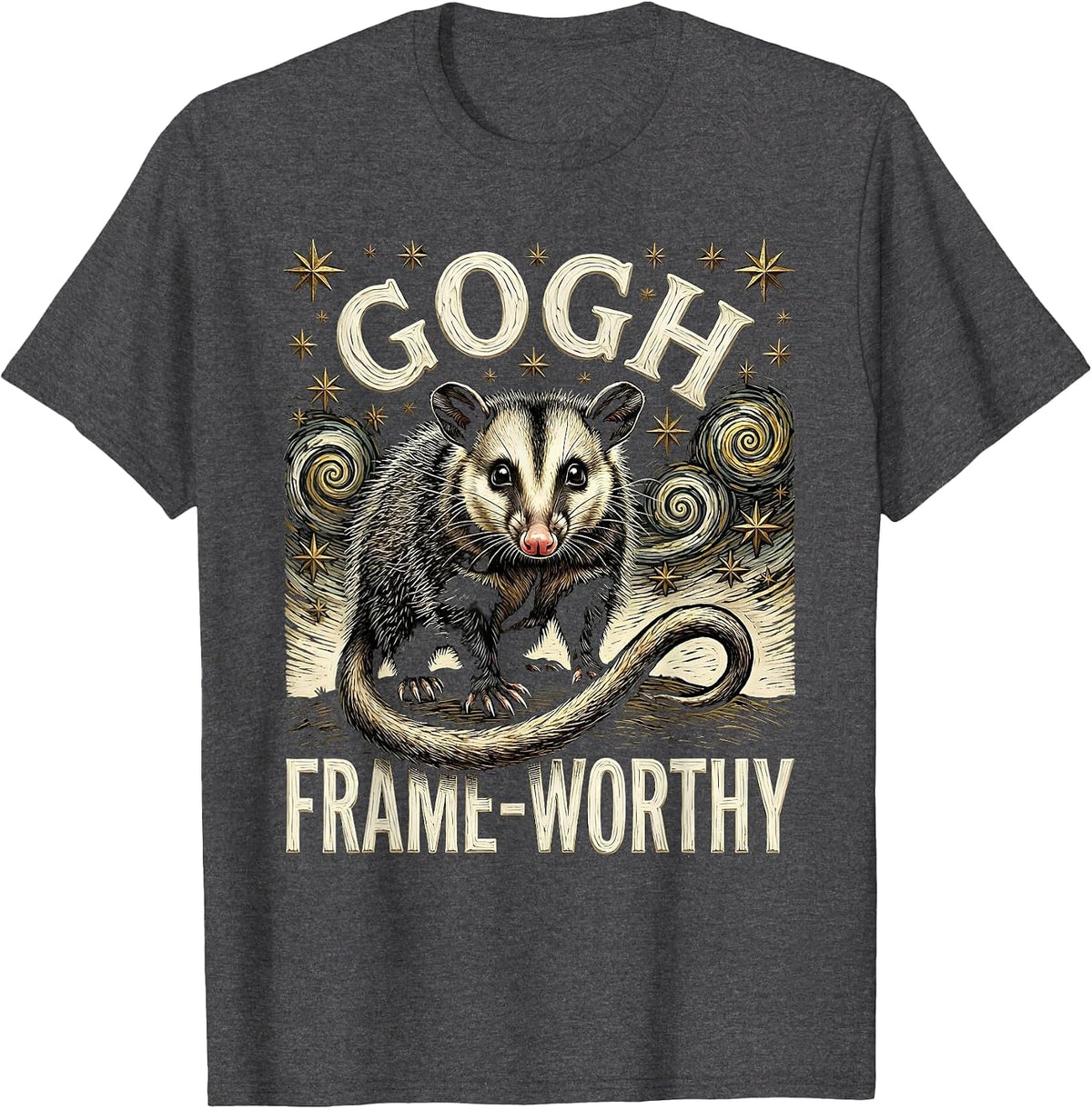 Men's Gogh, Frame-Worthy Woodcut Engraving Opossum Van Gogh Art T-Shirt - Dark Heather Grey