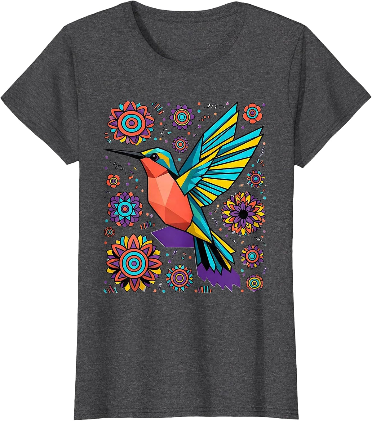 Women's Hummingbird in Flight Among Bursting Blossoms T-Shirt - Dark Heather Grey