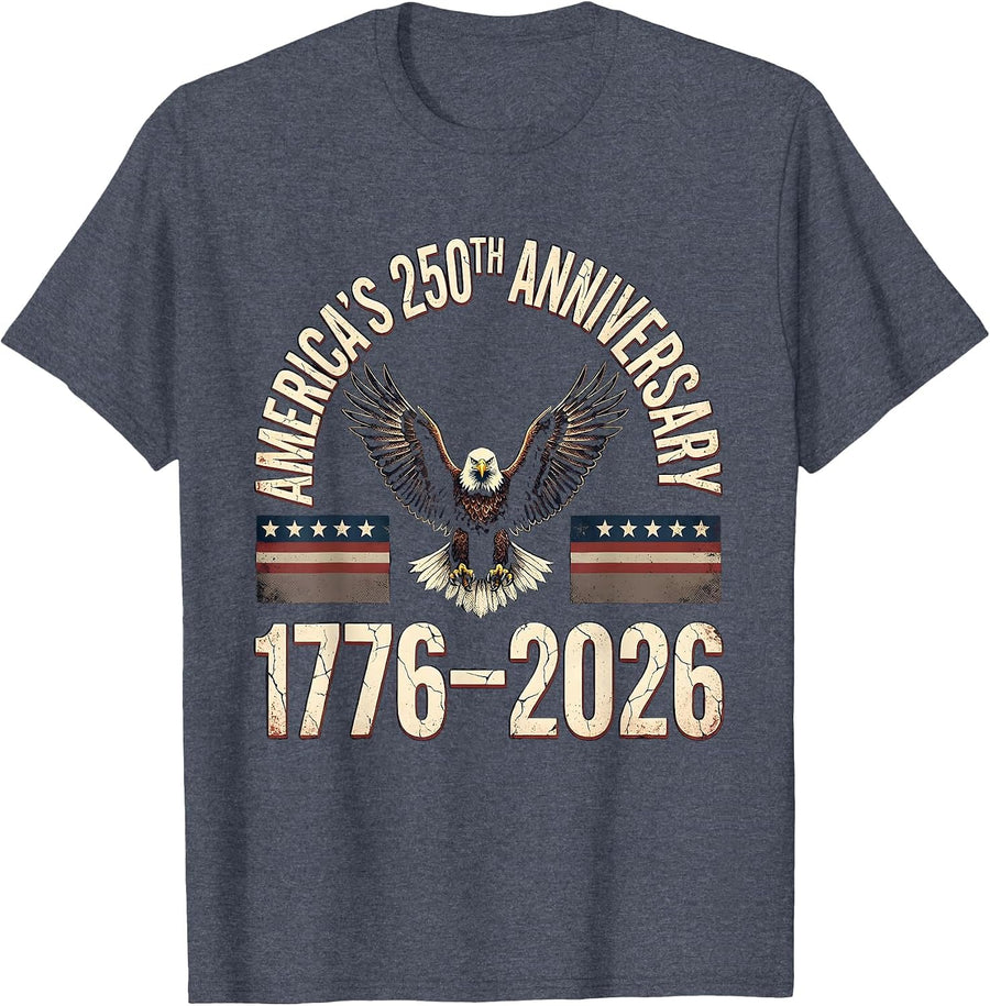 AMERICA'S 250TH ANNIVERSARY 1776–2026 Distressed Patriotic T-Shirt - Heather Blue
