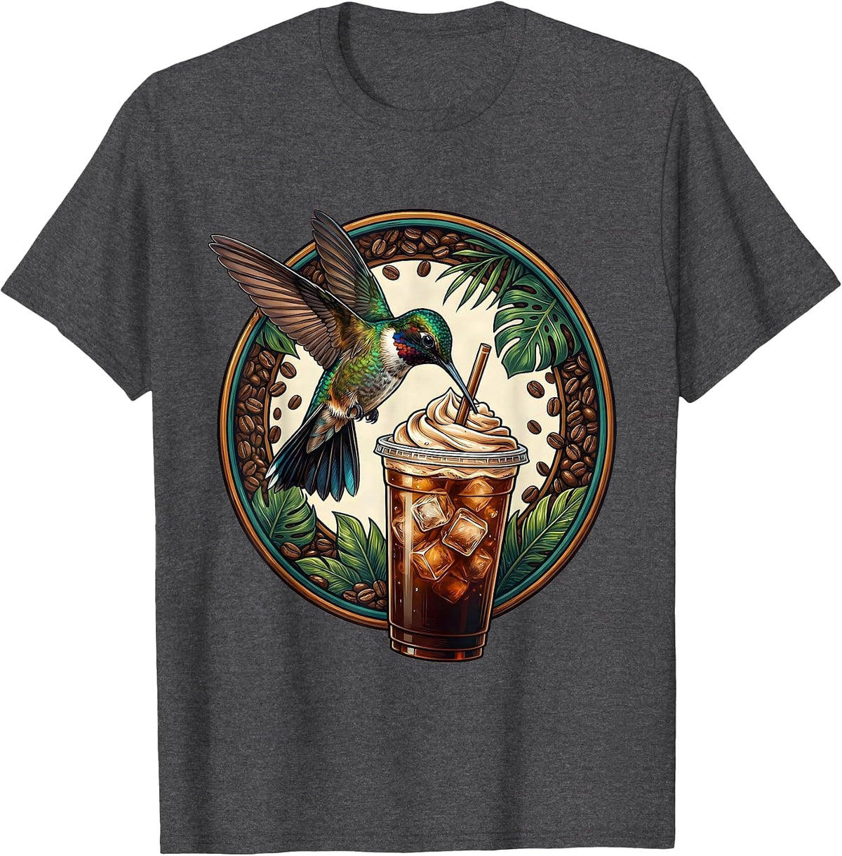 Men's Hummingbird Iced Coffee Lover Graphic Tee T-Shirt - Dark Heather Grey