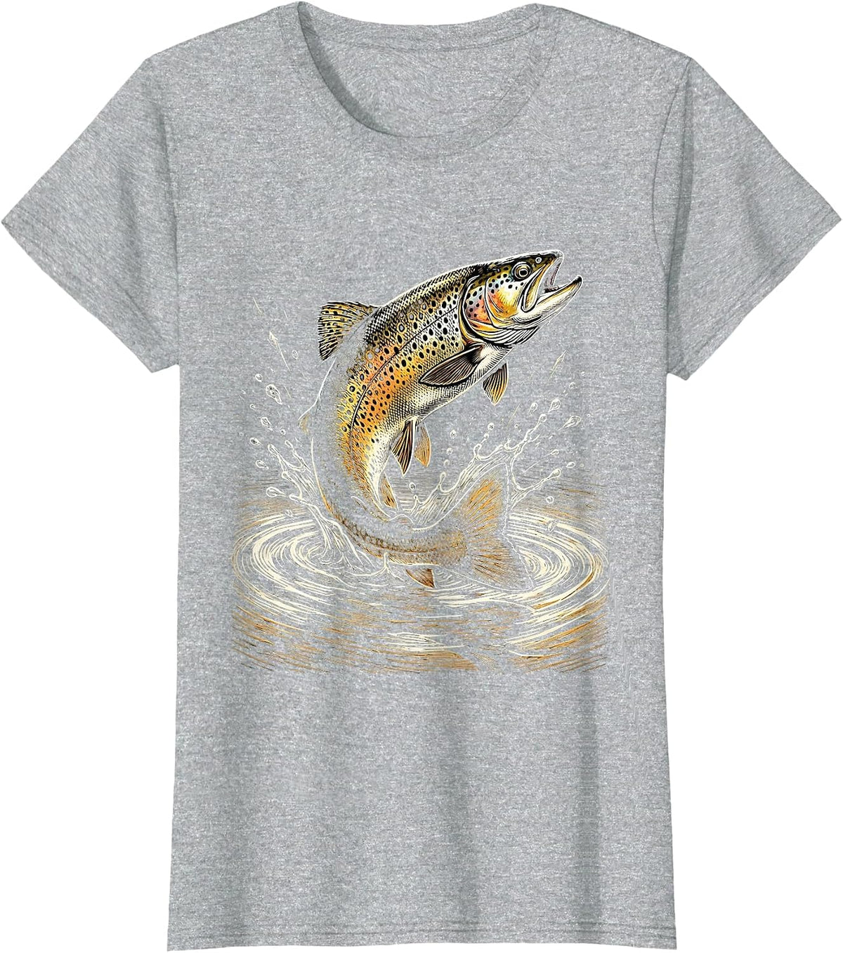 Trout Breaking Surface Golden Sunlight Fishing T-Shirt - Heather Grey