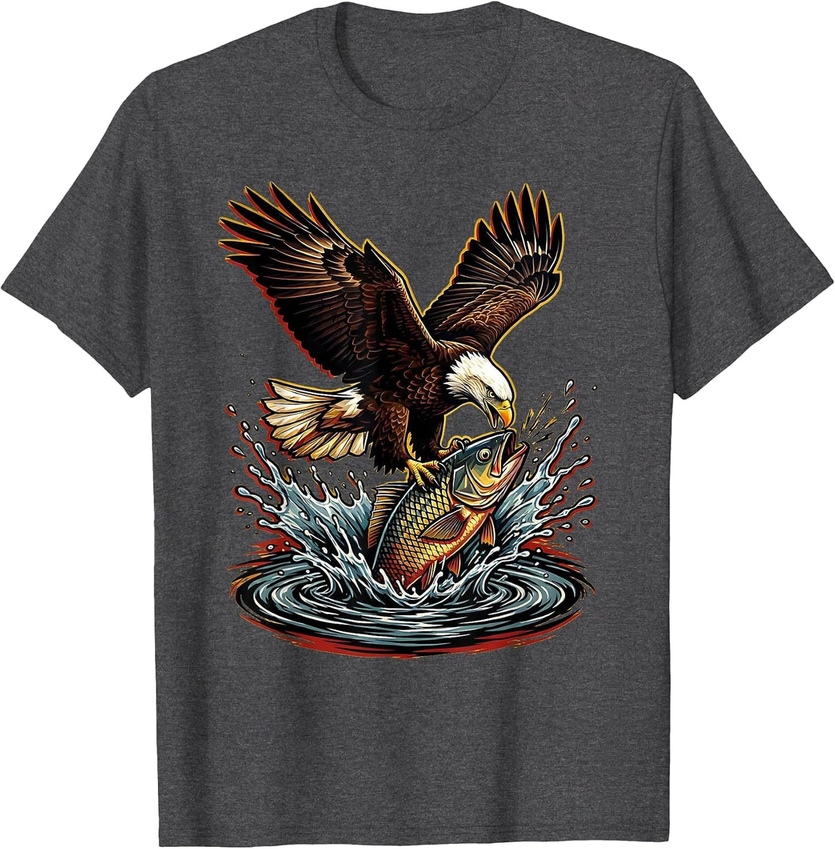 Eagle Diving for Fish Fishing Graphic Tee T-Shirt - Dark Heather Grey