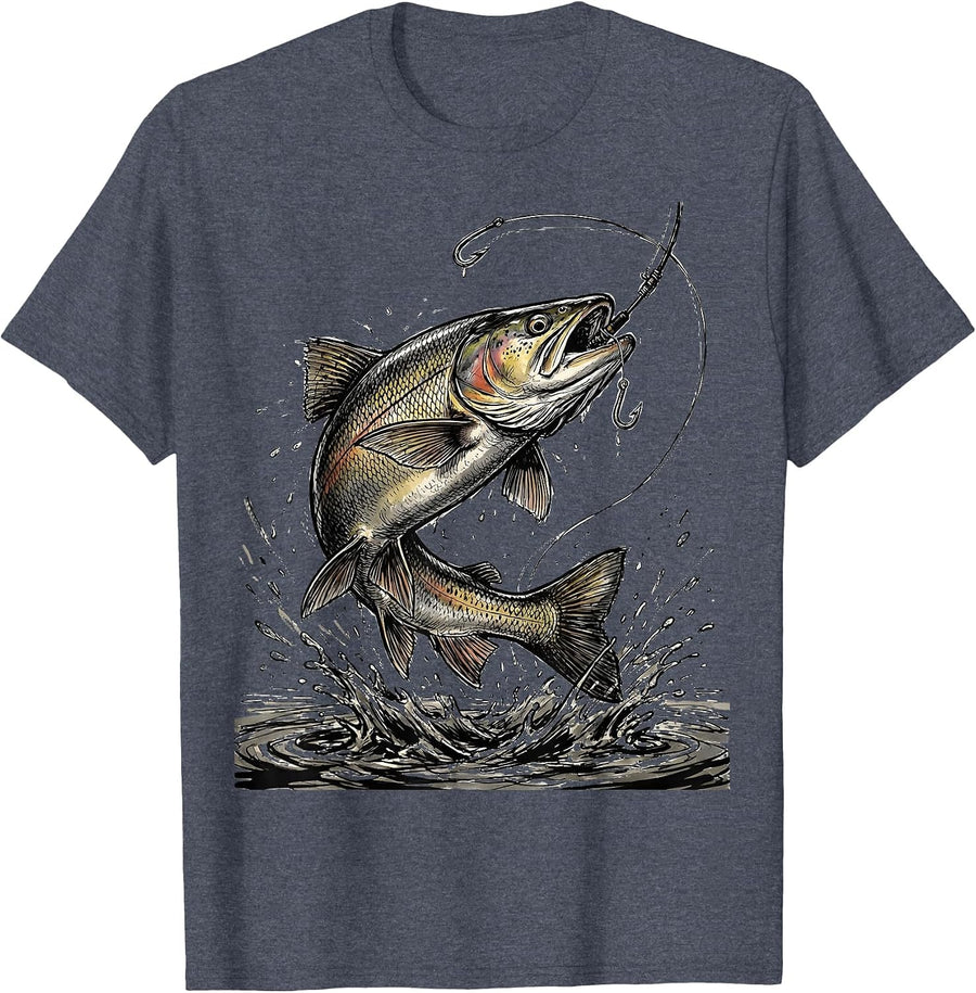 Hooked Trout Mid-Air Over River Fishing Design T-Shirt - Heather Blue