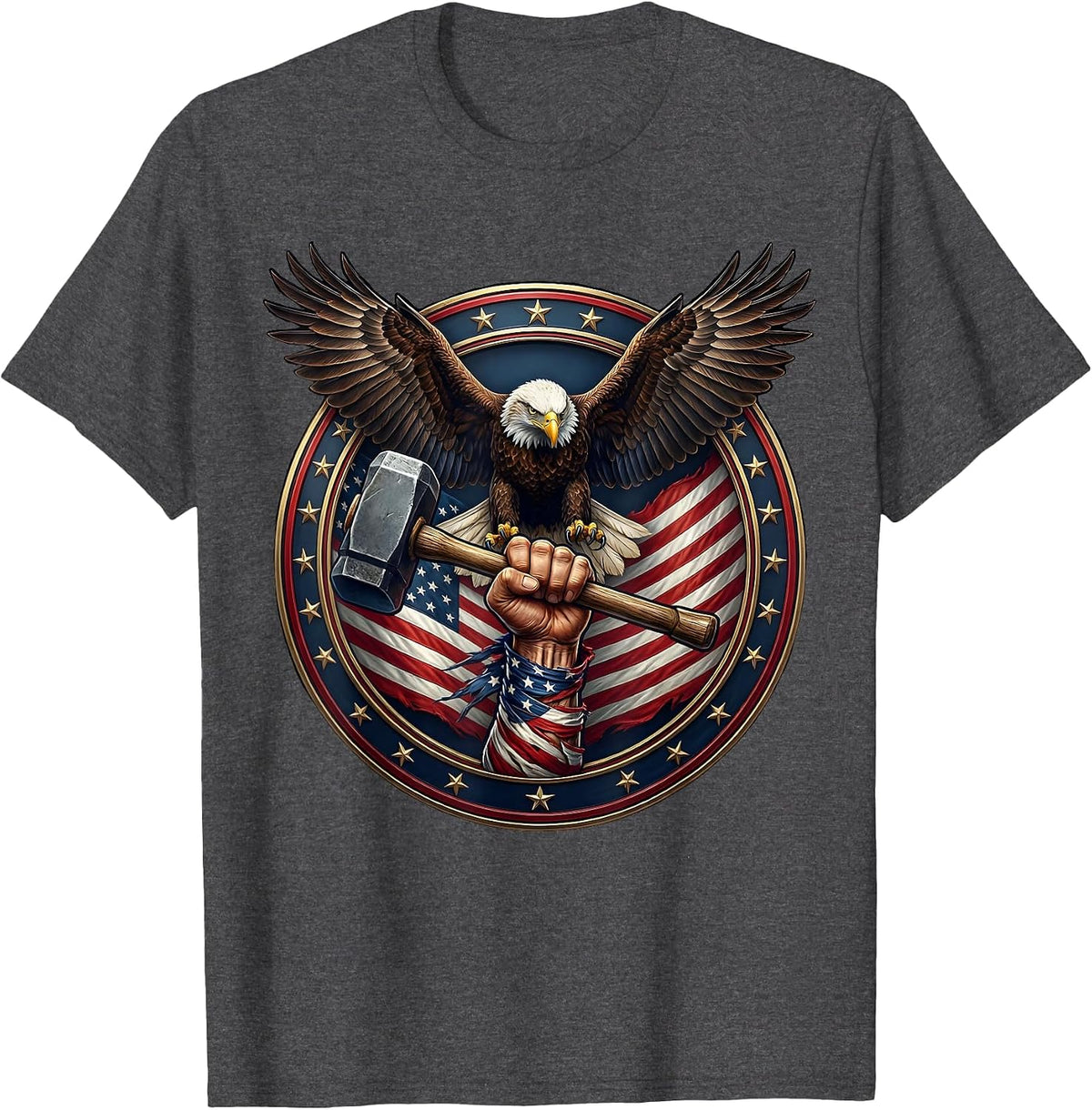 Patriotic Strength Muscular Arm Hammer US Flag Design T-Shirt - Dark Heather Grey