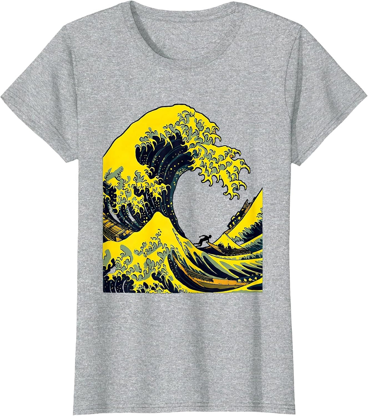 Women's Massive Wave Curling Over Lone Swimmer Graphic T-Shirt - Heather Grey
