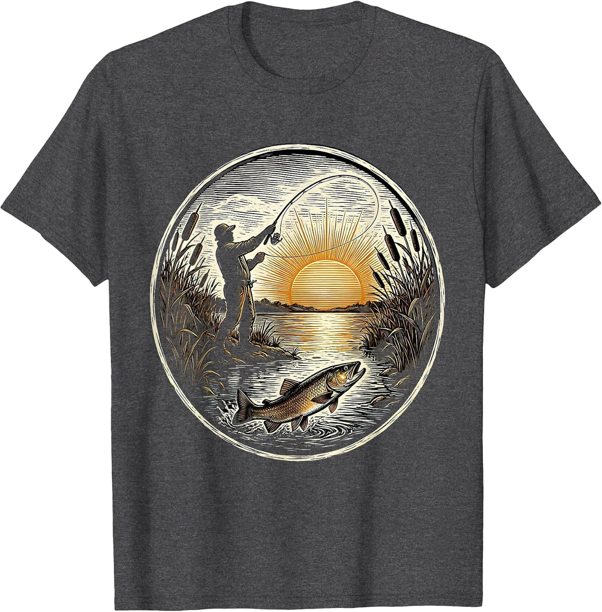 Fisherman Silhouette Casting at Dusk Trout Fishing T-Shirt - Dark Heather Grey