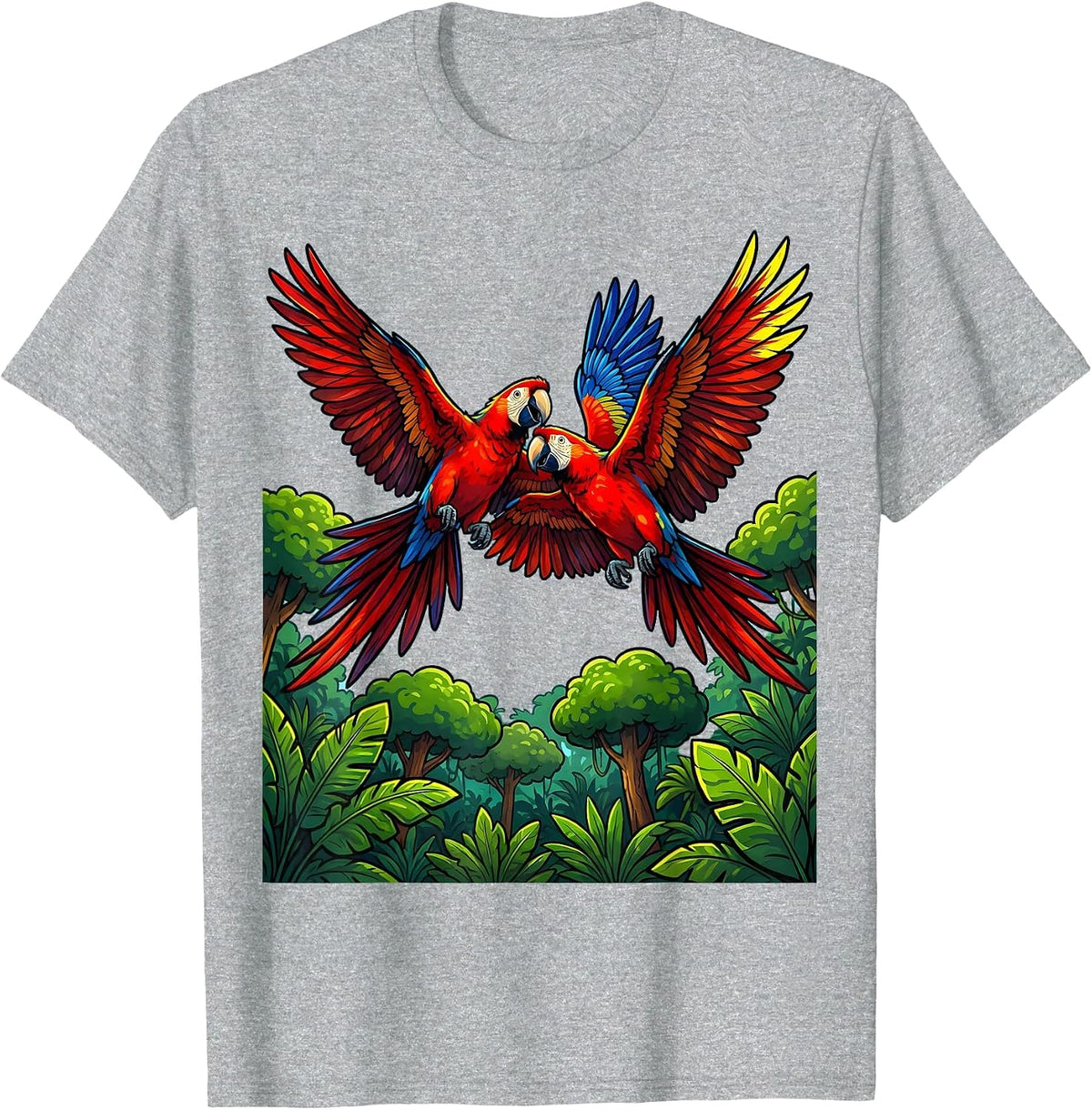 Men's Ecuador Macaw Pair Flying Over Jungle Canopy T-Shirt - Heather Grey
