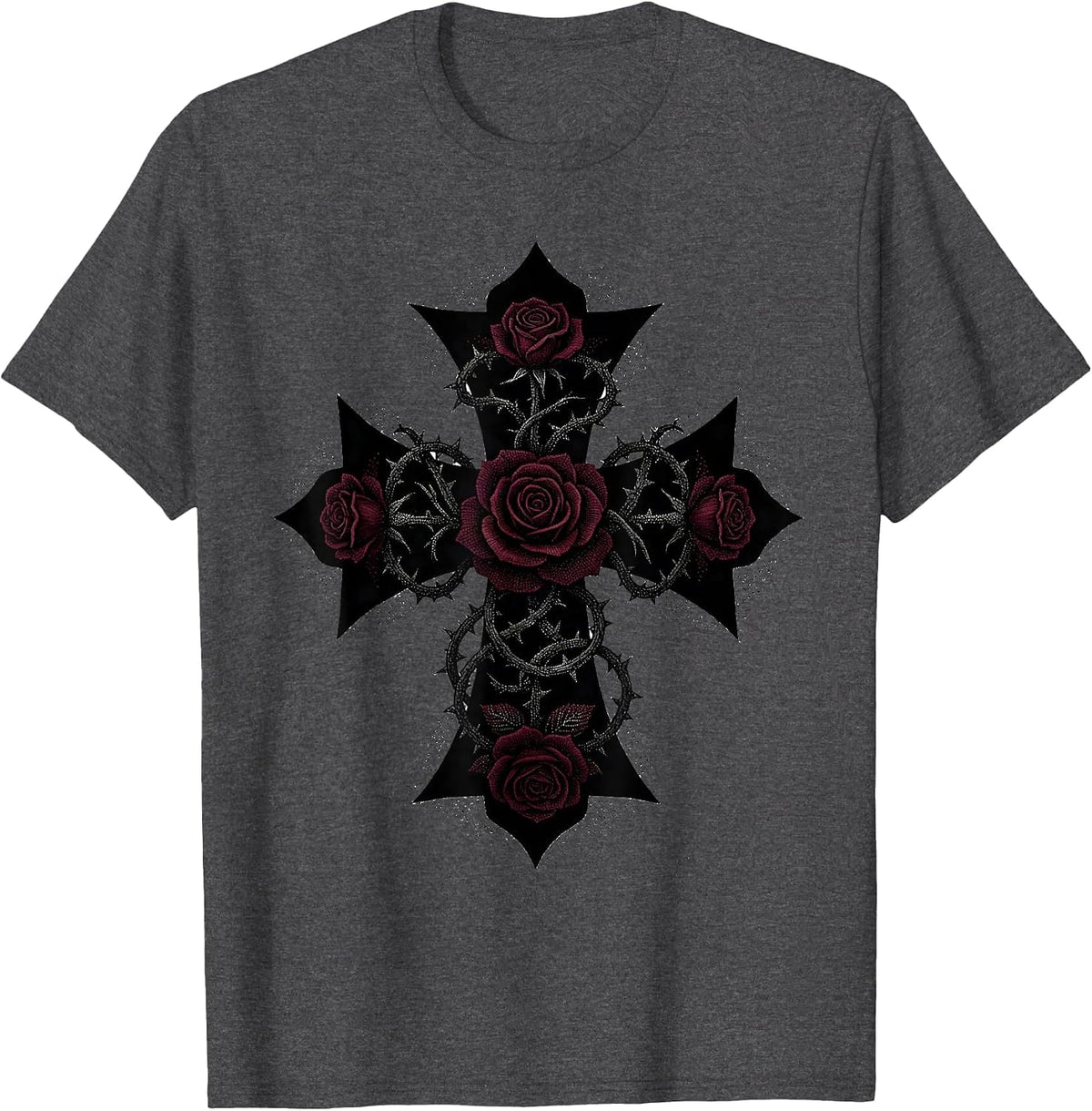 Rose Vine Iron Cross Gothic Floral Design T-Shirt - Dark Heather Grey