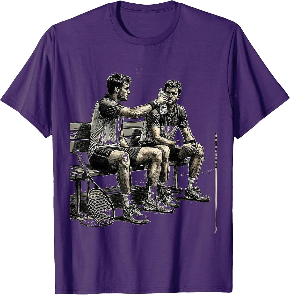 Tennis Duo Sharing Water Bottle Courtside T-Shirt - Purple
