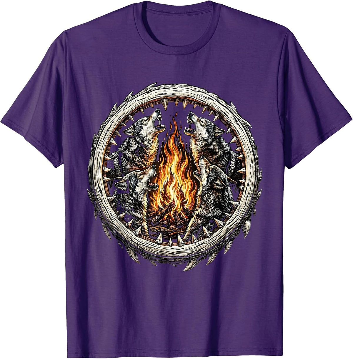 Wolves Howling Bonfire Heavy Metal Graphic T-Shirt - Purple