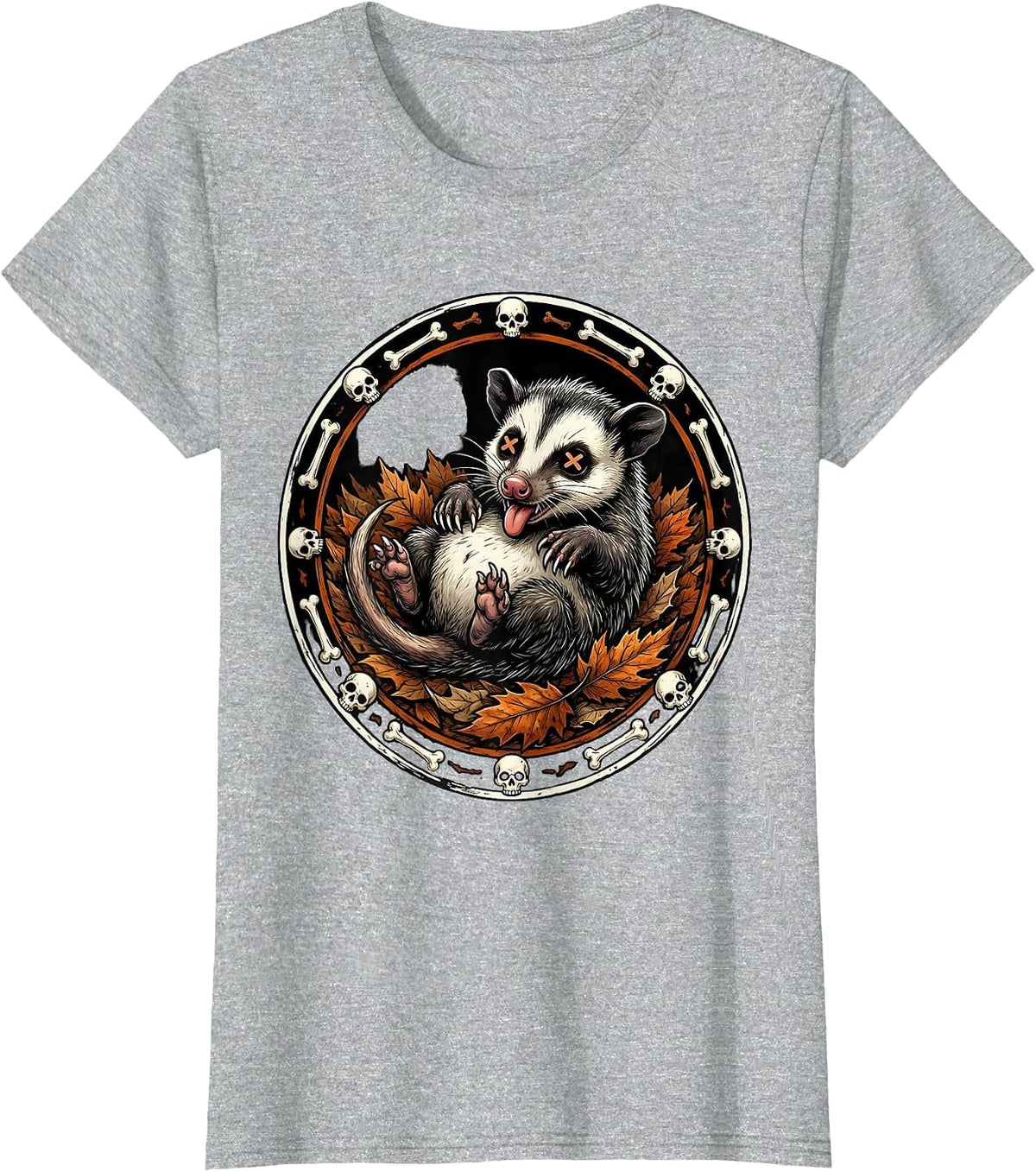 Opossum Playing Dead Among Fallen Leaves T-Shirt - Heather Grey
