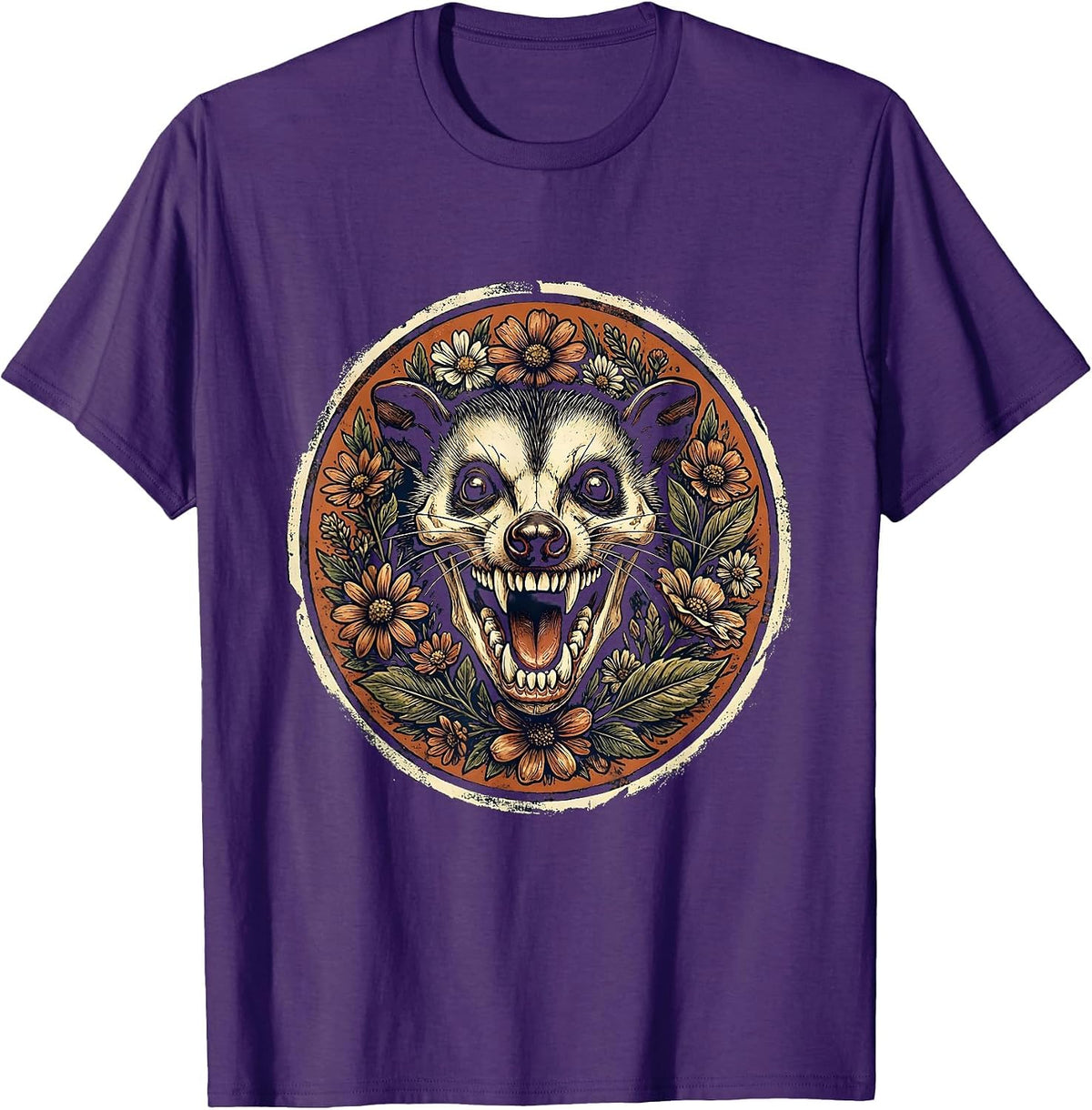 Men's Grinning Opossum Skull with Flowers Graphic T-Shirt - Purple