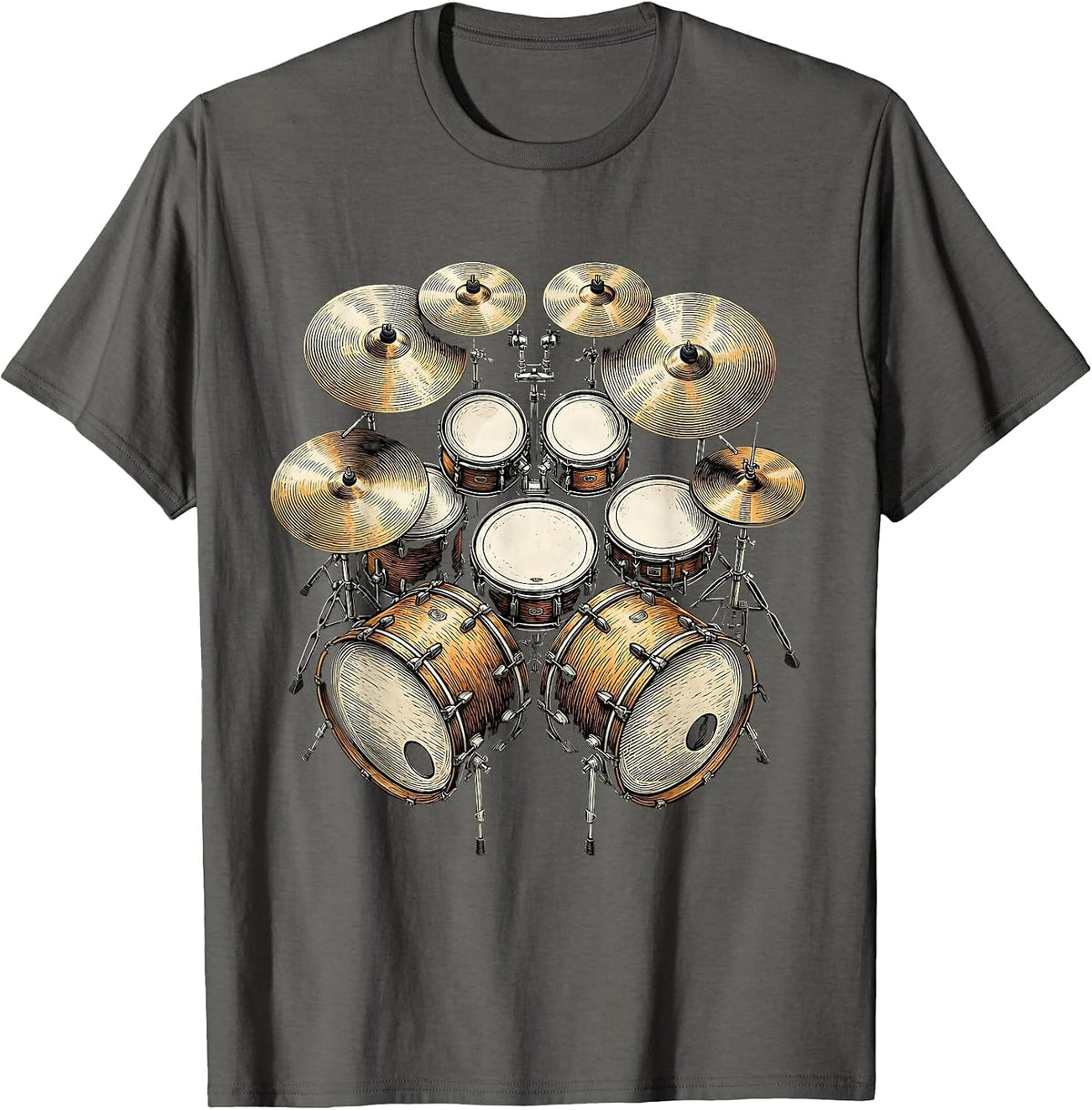 Double Kick Drum Kit Aerial View Rockstar Design T-Shirt - Asphalt Grey