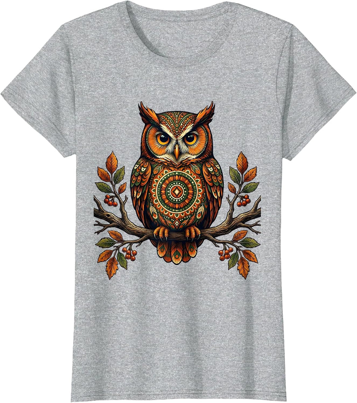 Women's Autumn Owl Perched on Bare Branch Fall Design T-Shirt - Heather Grey
