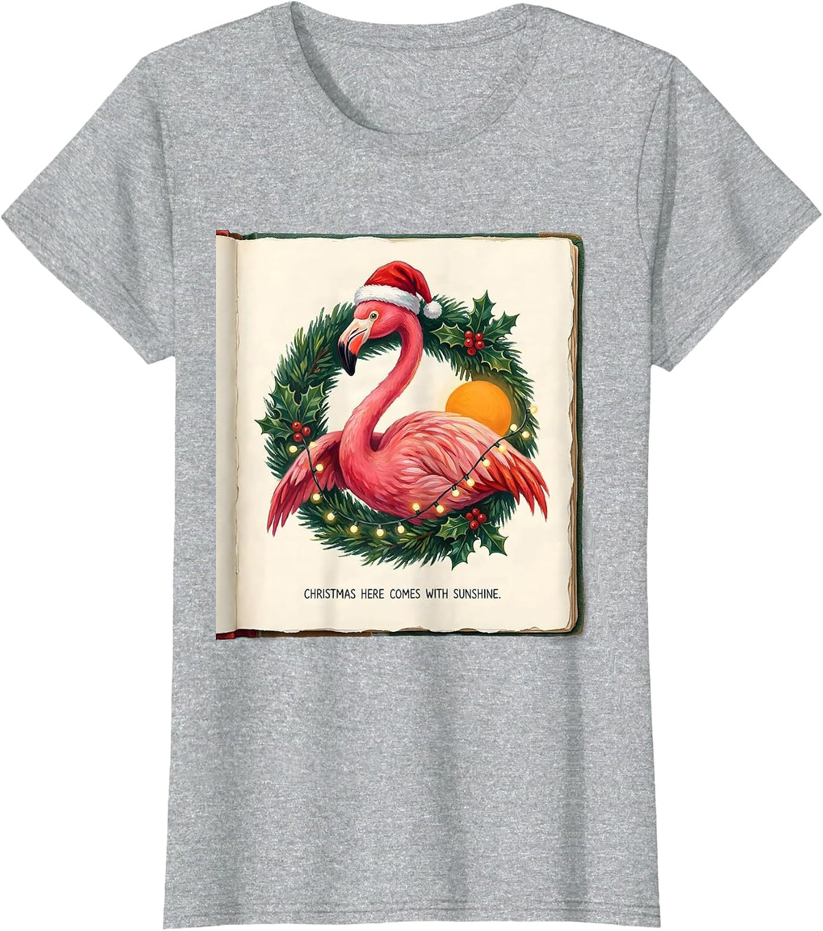 Christmas Here Comes With Sunshine Storybook Pink Flamingo T-Shirt - Heather Grey