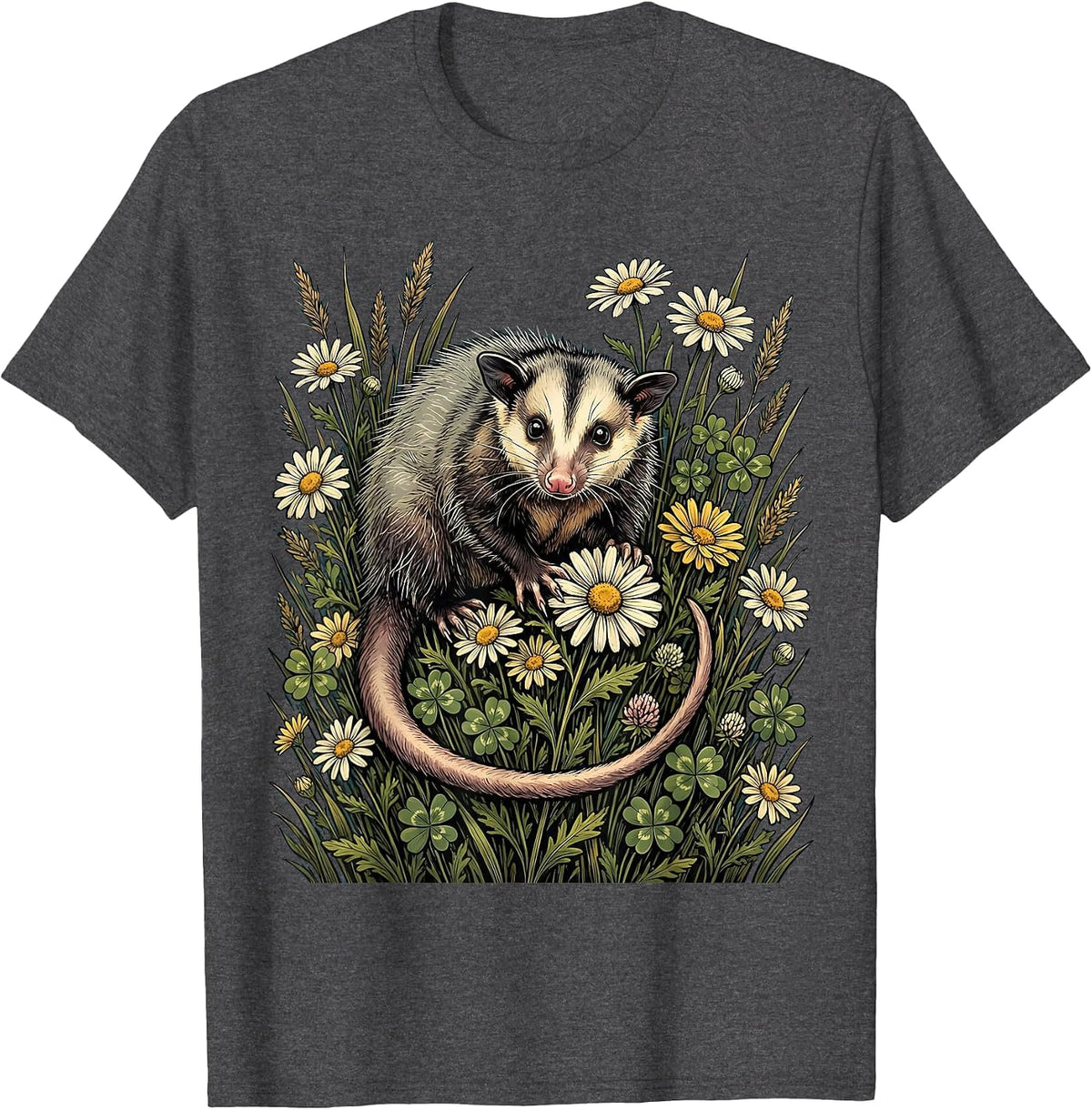 Men's Opossum in Wildflower Field Illustration T-Shirt - Dark Heather Grey