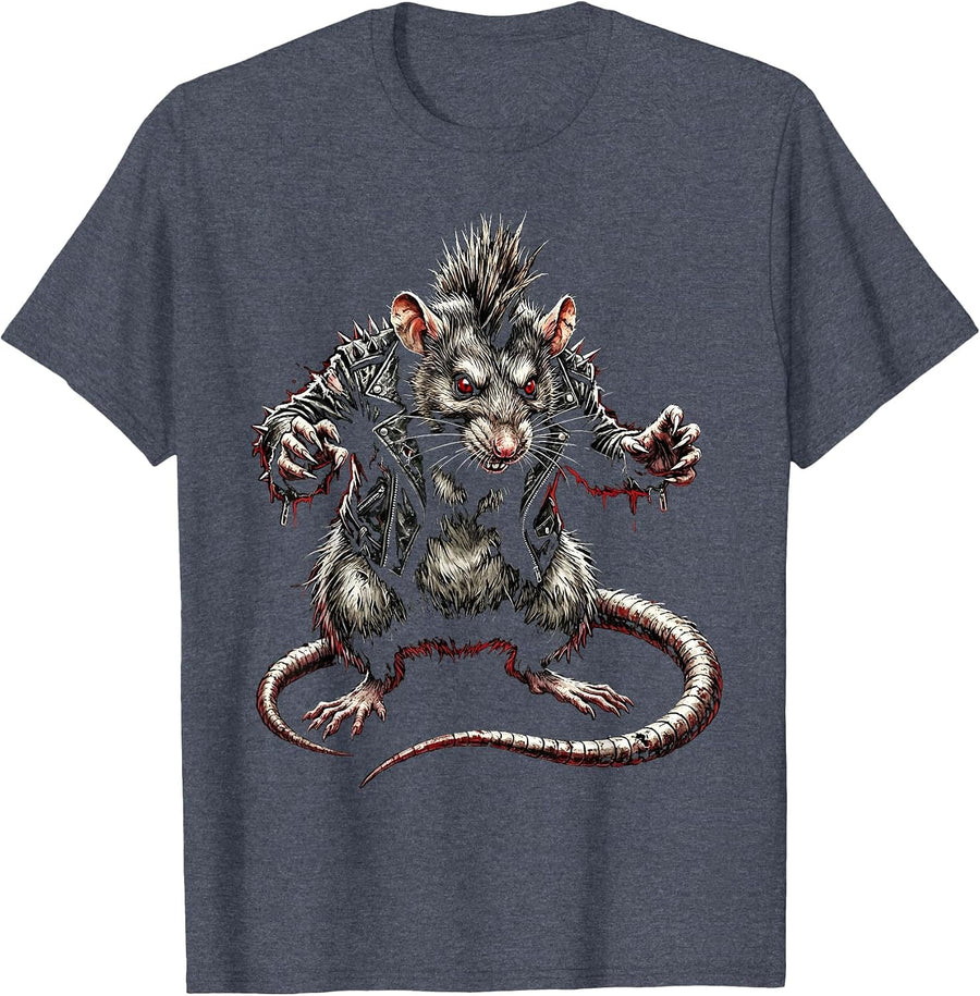 Punk Sewer Rat Studded Jacket Graphic T-Shirt - Heather Blue