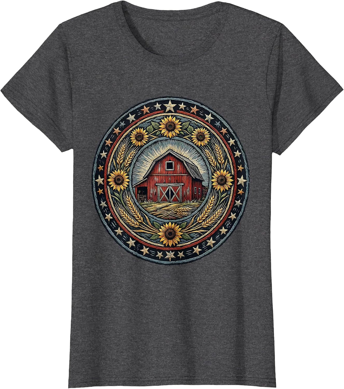 Women's Red Barn Blue Sky Stars Patriotic Country Design T-Shirt - Dark Heather Grey