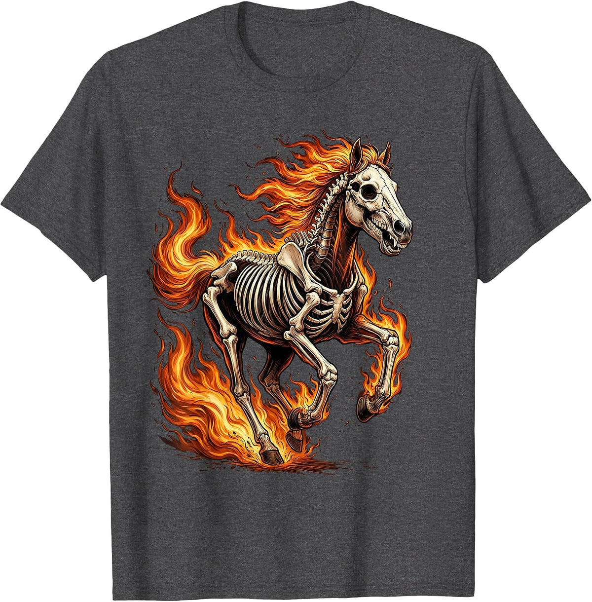 Skeleton Horse Galloping Through Flames T-Shirt - Dark Heather Grey