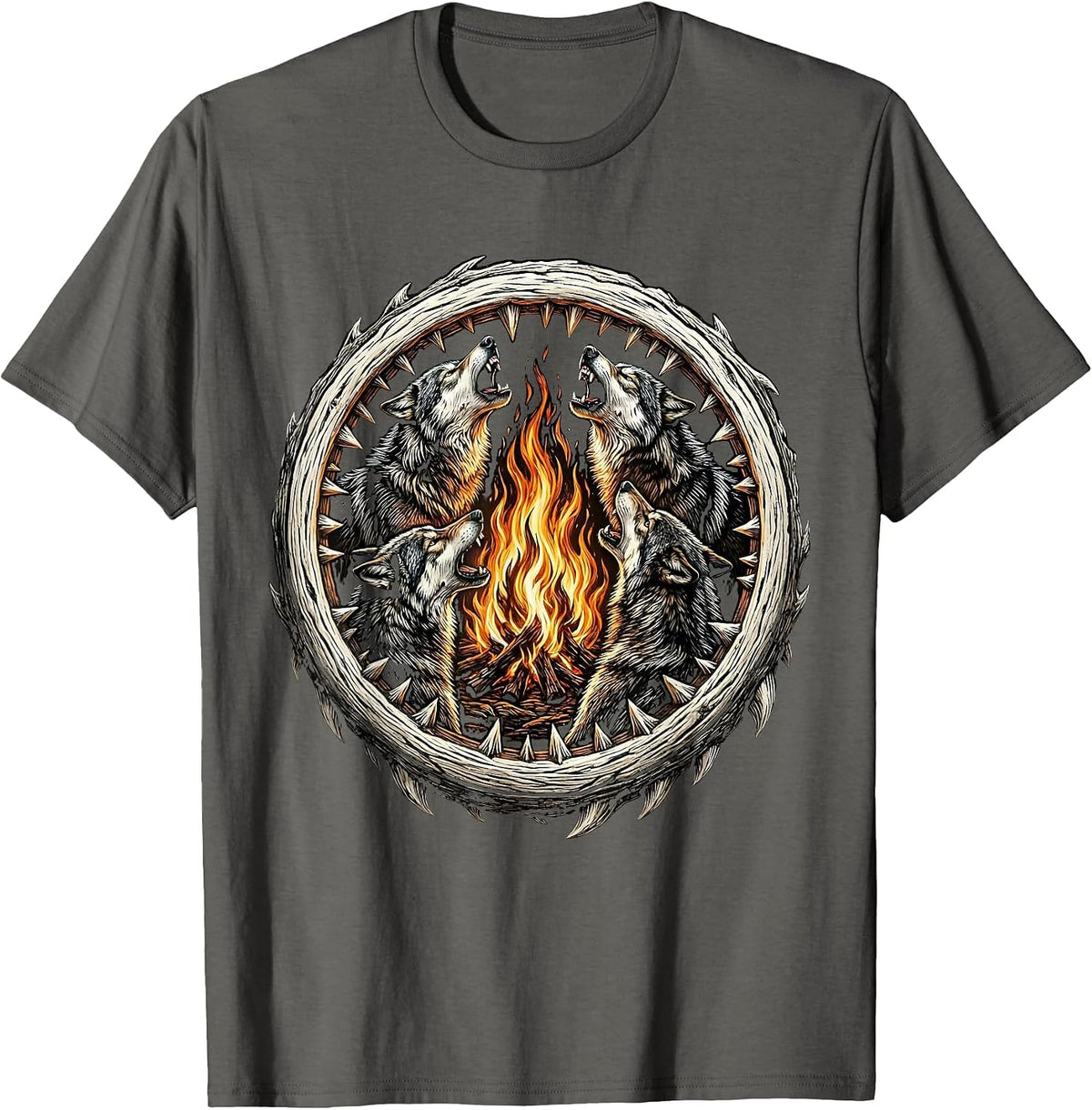 Wolves Howling Bonfire Heavy Metal Graphic T-Shirt - Asphalt Grey