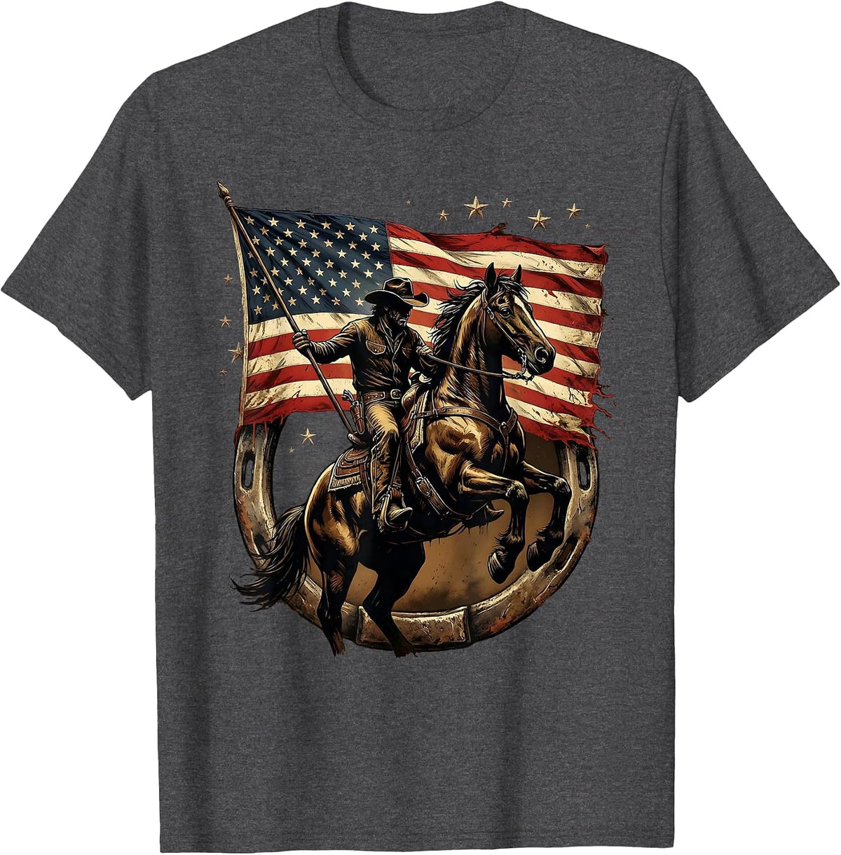 Cowboy on Horseback Carrying American Flag T-Shirt - Dark Heather Grey