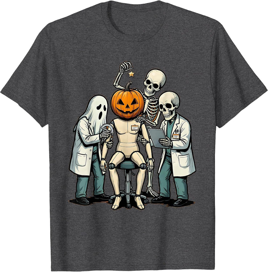 Men's Pumpkin Head Therapy Halloween Ghost Skeleton Clinician T-Shirt - Dark Heather Grey