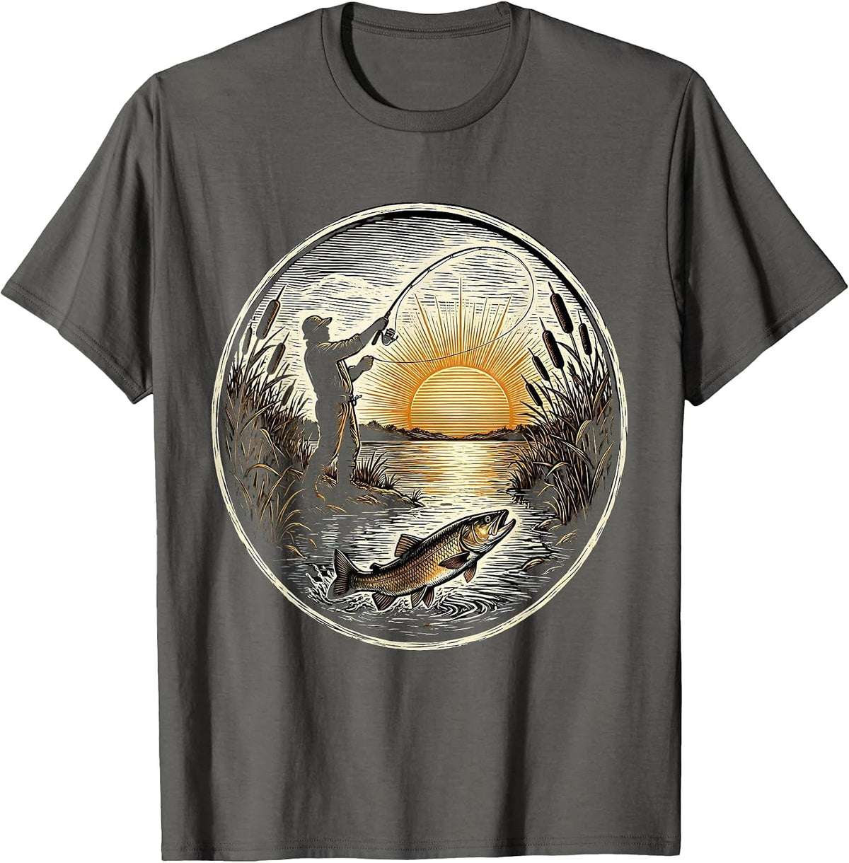 Fisherman Silhouette Casting at Dusk Trout Fishing T-Shirt - Asphalt Grey