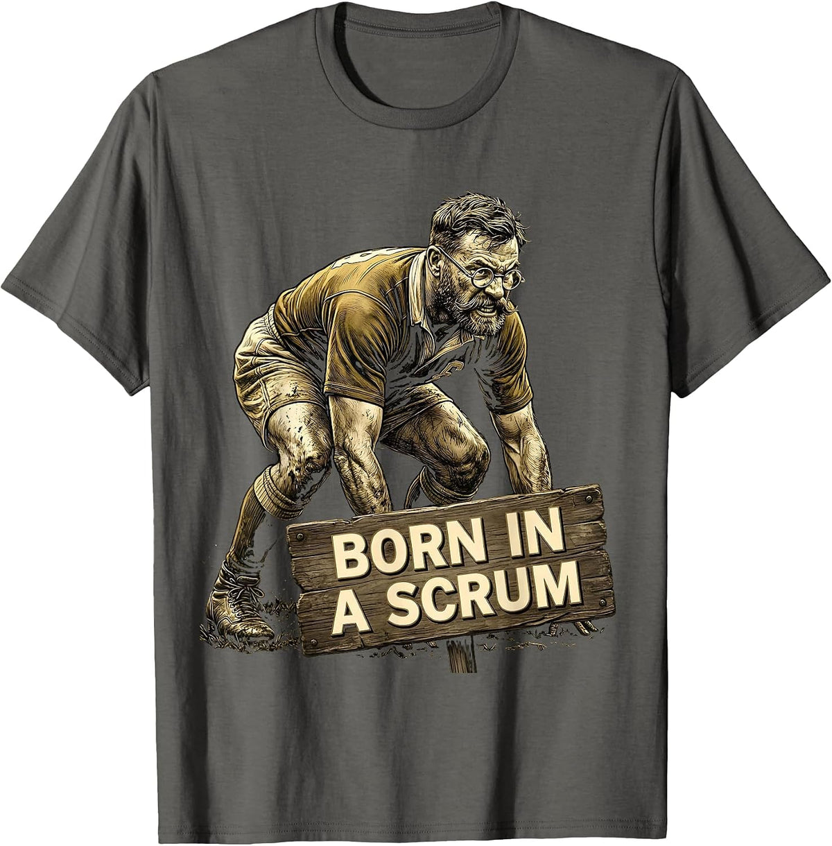 Born in a Scrum Rugby Graphic Design T-Shirt - Asphalt Grey