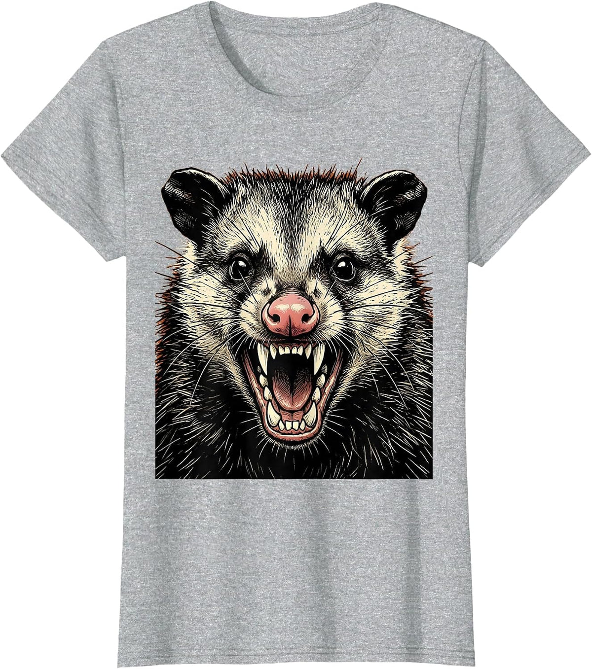 Women's Snarling Opossum Close-Up Wildlife Graphic T-Shirt - Heather Grey