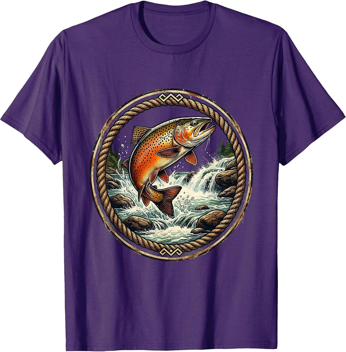 Trout Upstream Wild River Rapids Fishing Design T-Shirt - Purple