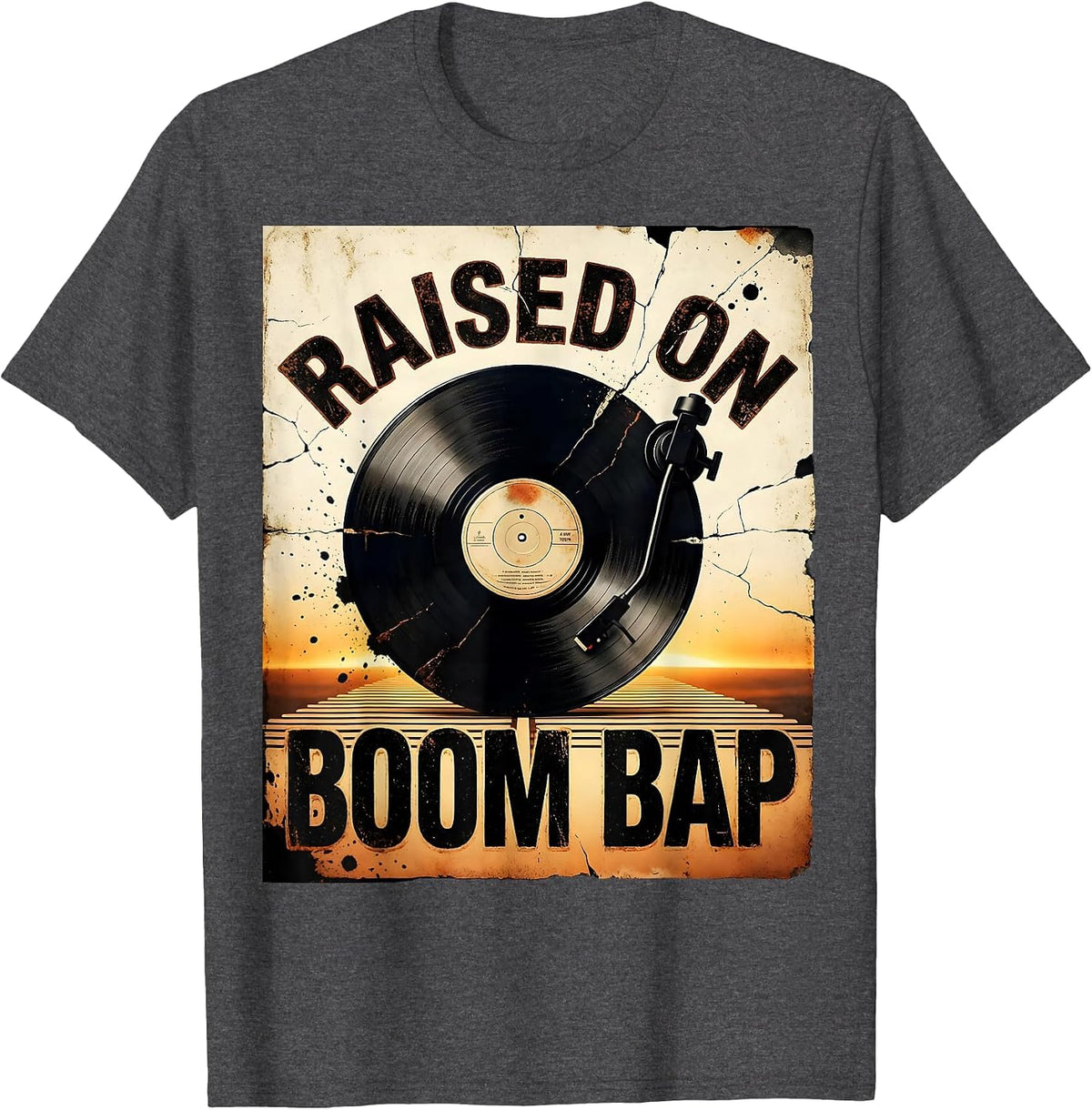 Men's Raised On Boom Bap Distressed Old School Hip Hop Retro T-Shirt - Dark Heather Grey