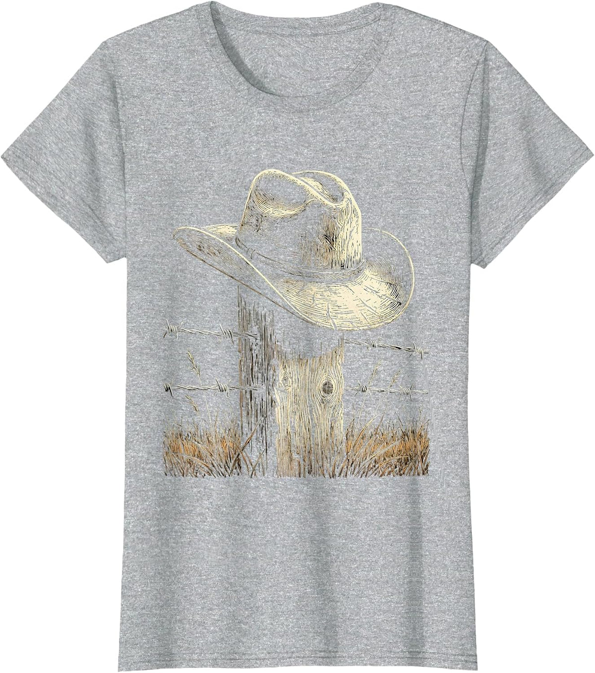 Cowboy Hat on Fence Post Western Illustration T-Shirt - Heather Grey