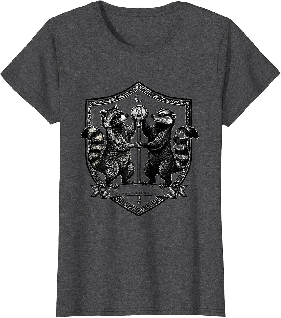 Women's Heraldic Raccoon Opossum Occult Humor T-Shirt - Dark Heather Grey