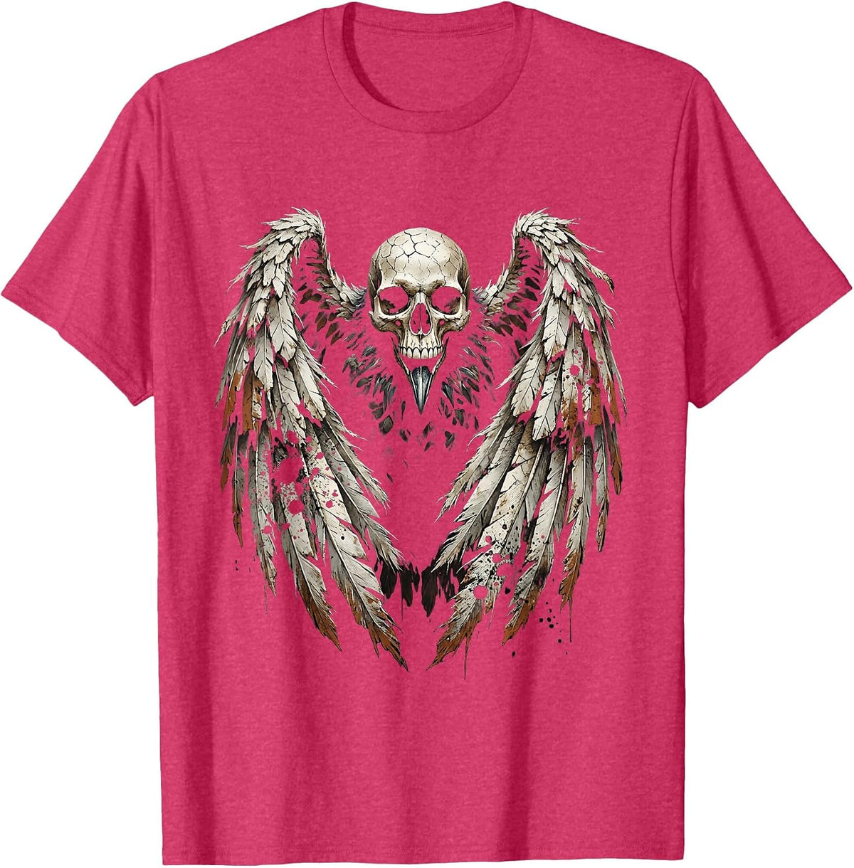 Crow Skull Spread Wings Dark Gothic Illustration T-Shirt - Red Heather